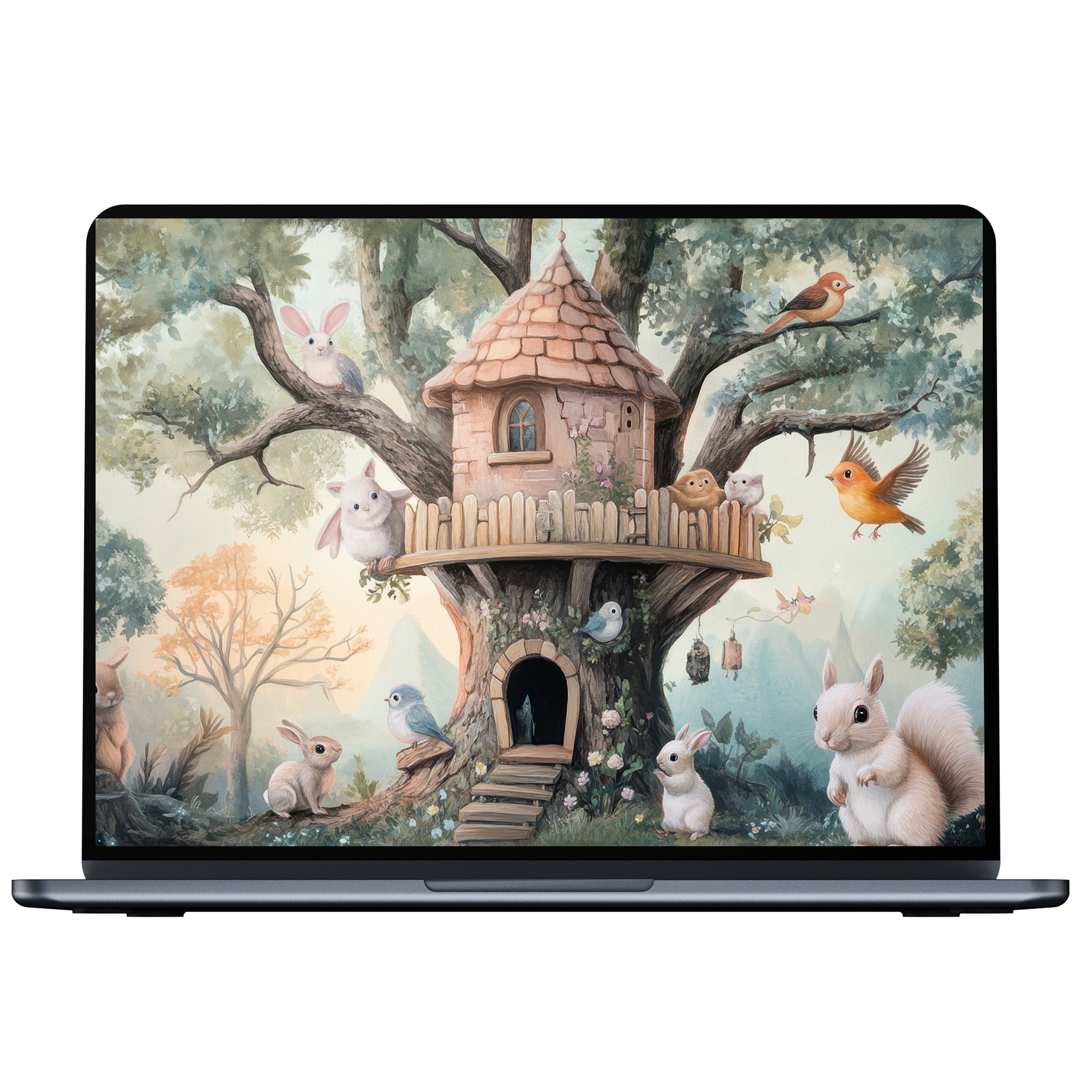Charming nursery desktop wallpaper featuring a whimsical treehouse with woodland creatures digital download for PC or laptop tranquility