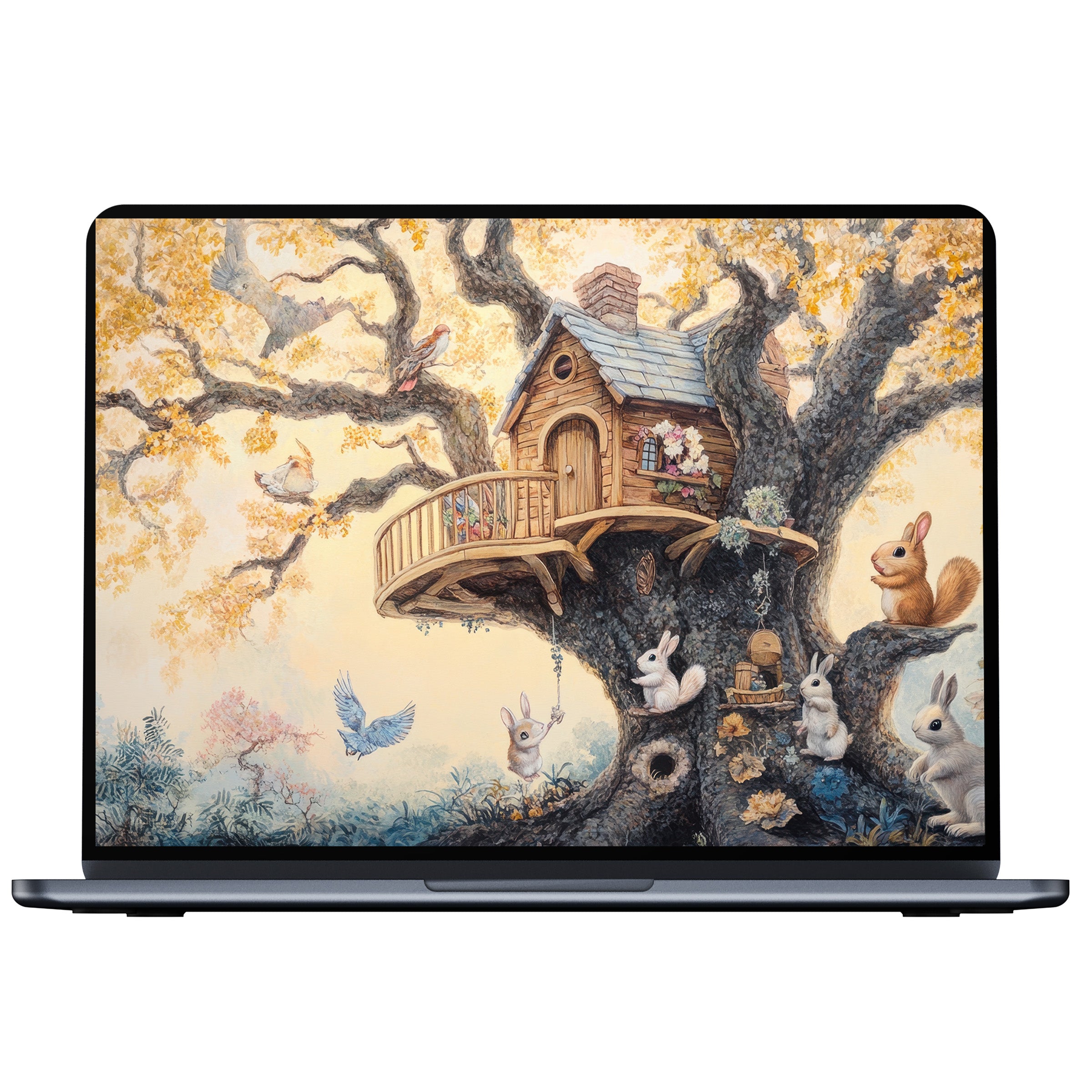 Enchanting nursery desktop wallpaper with a whimsical forest treehouse surrounded by rabbits for PC, laptop digital download ambiance