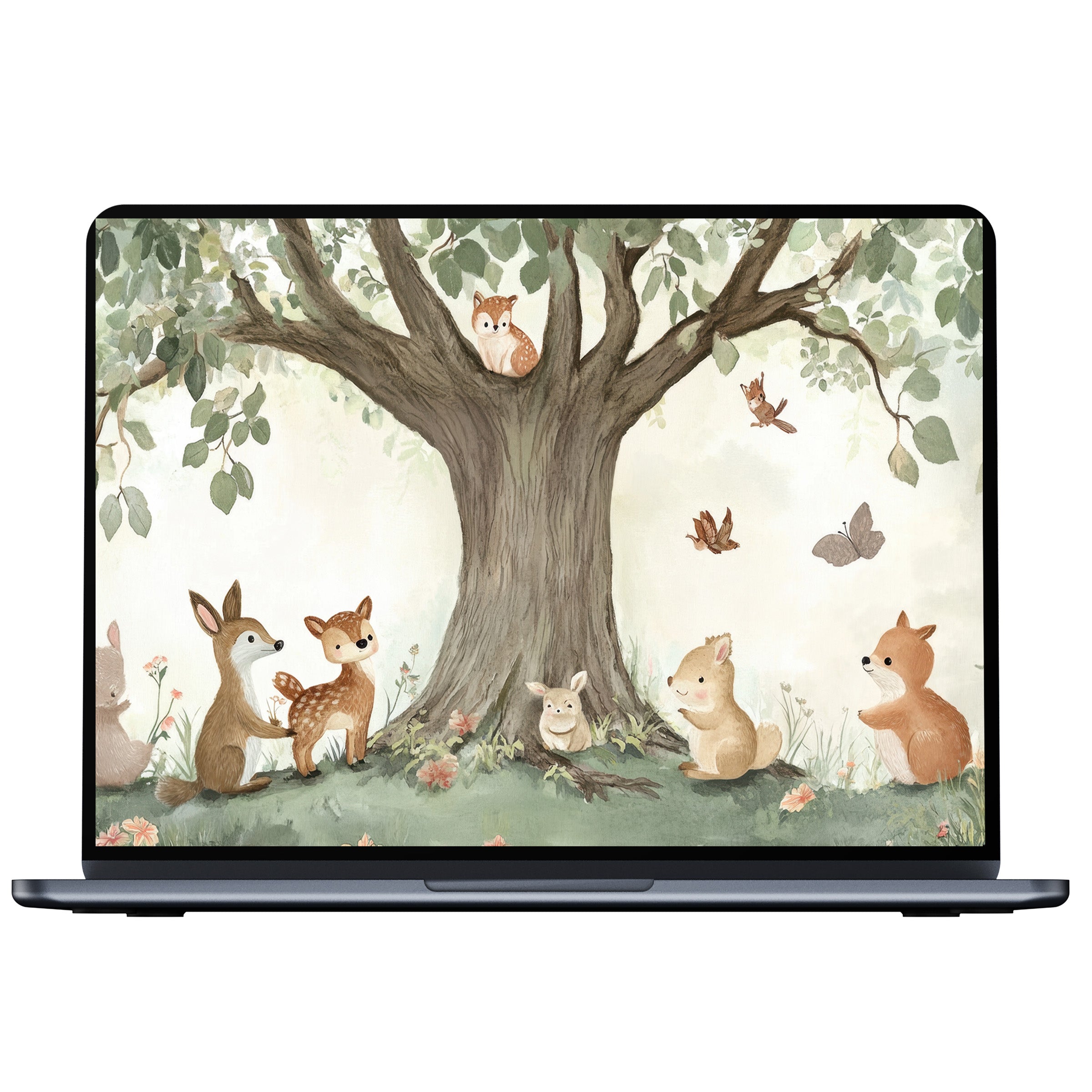 Enchant your space with this serene nursery desktop wallpaper featuring whimsical forest animals for PC, Laptop, and Mac digital download