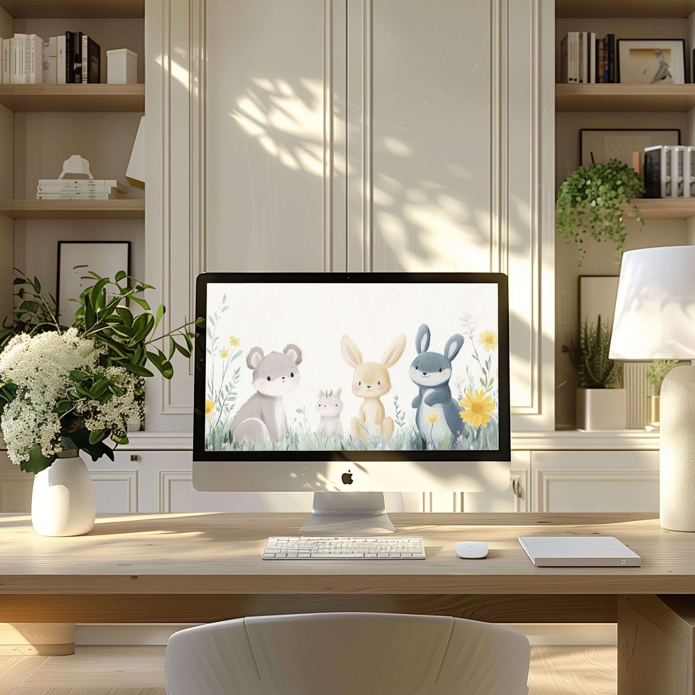 iMac on desk in cozy home office displaying a nursery wallpaper for Mac featuring cute baby animals with soft pastel tones and flowers, perfect for a playful and calming kids’ room vibe