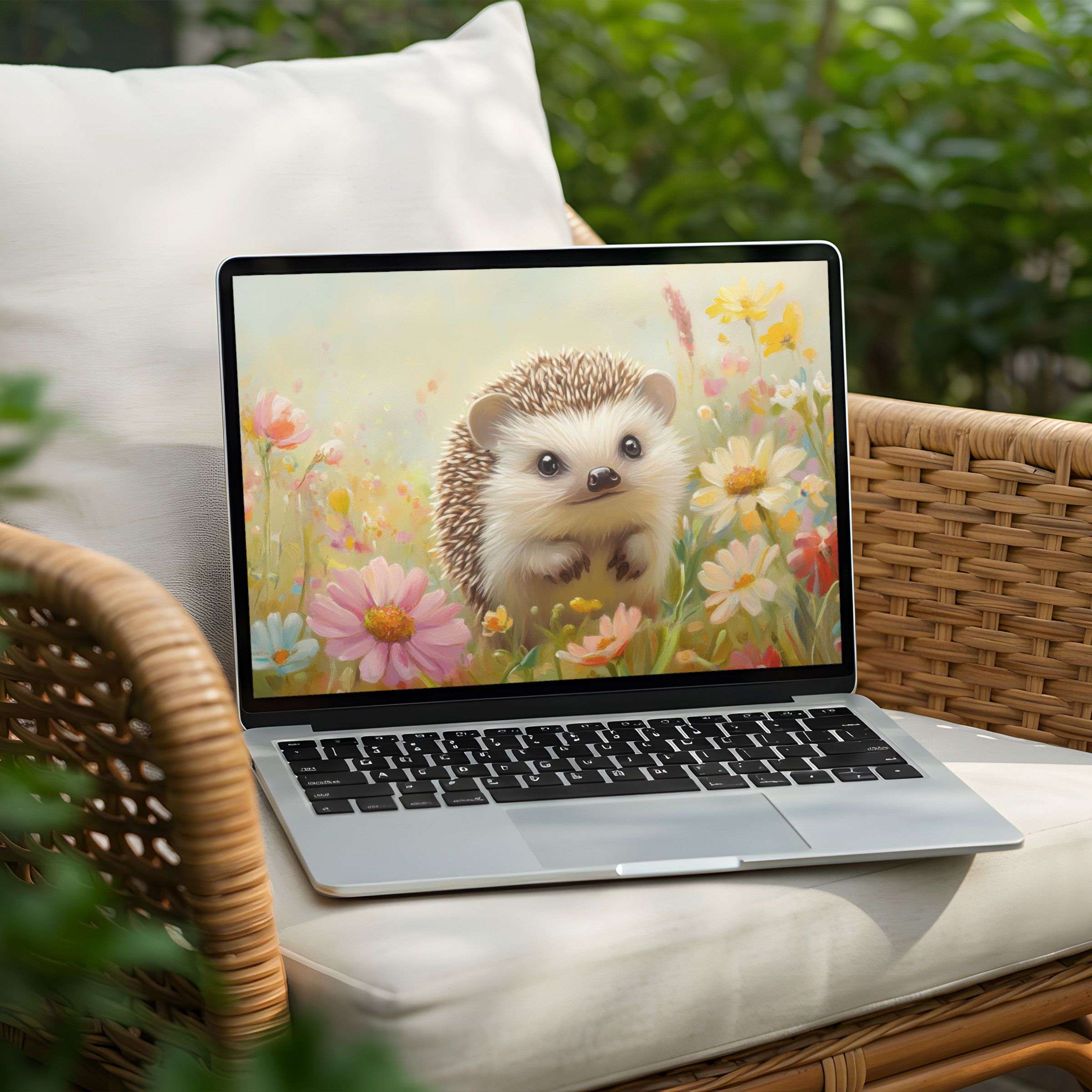 Charming hedgehog in pastel meadow as desktop background for PC or Laptop instant download inspires calm and elegance