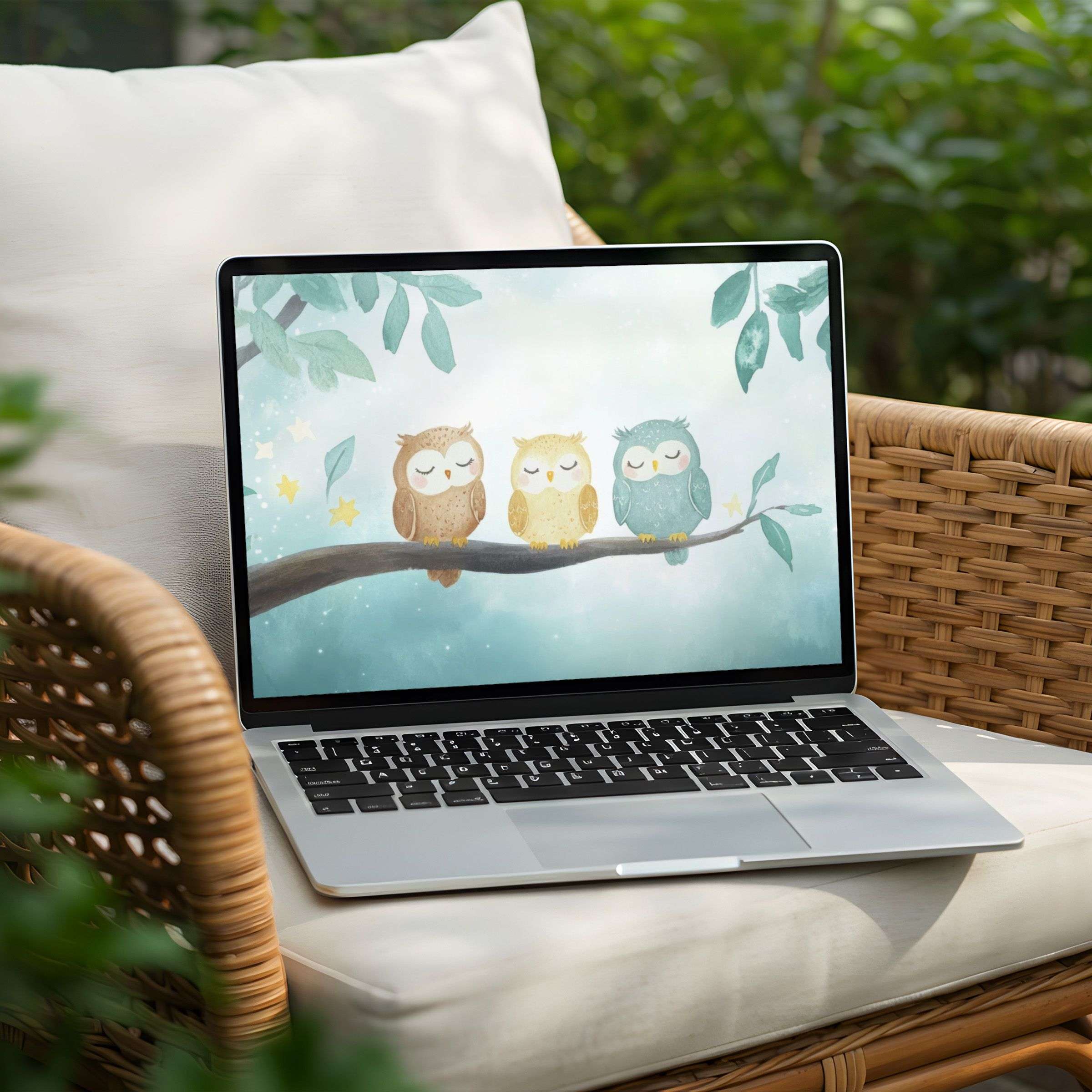 Charming owls on a branch bring serene elegance to your PC or laptop desktop background instant download for mindful moments