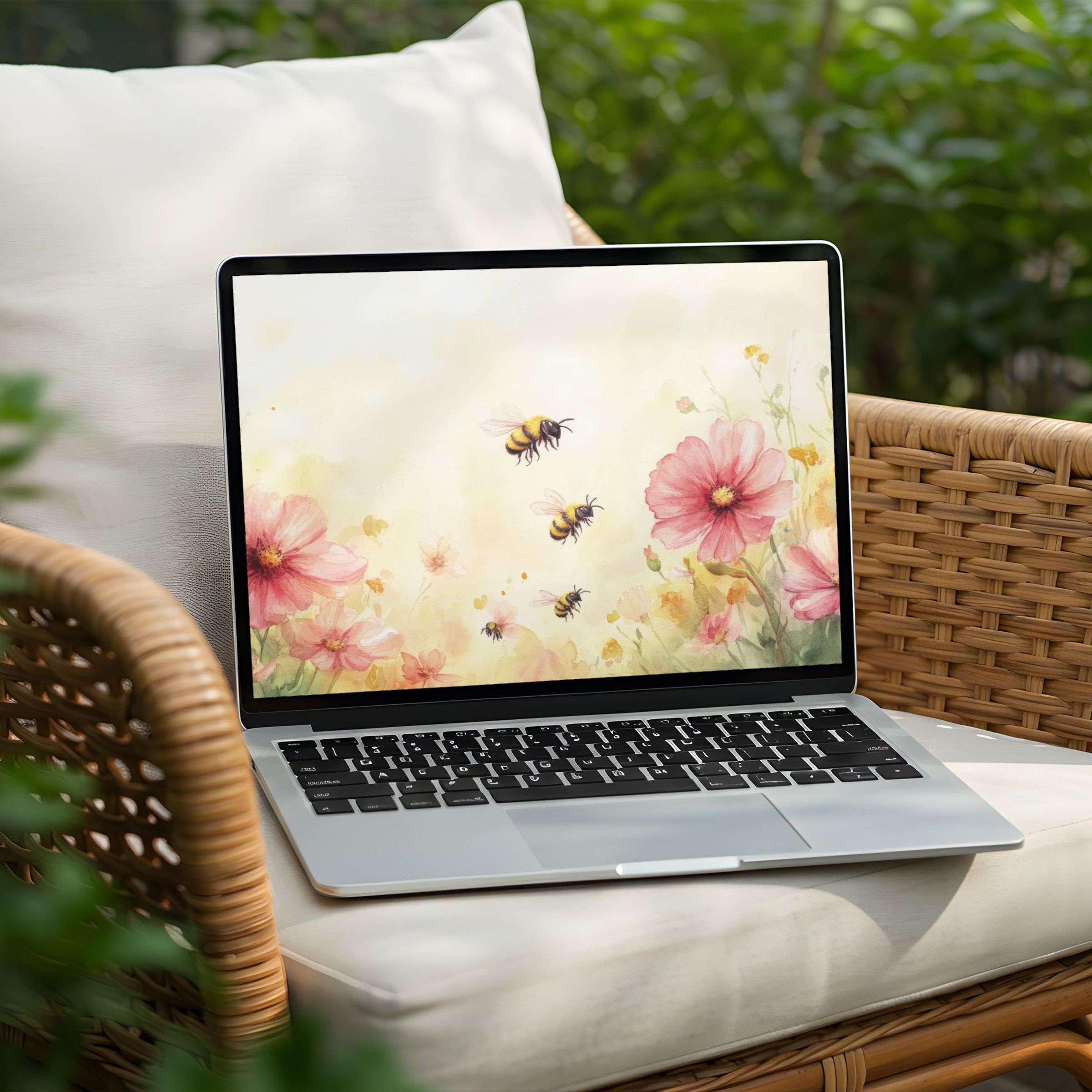 Gentle watercolor flowers and bees create a serene desktop background for your PC or Laptop instant download to inspire mindfulness