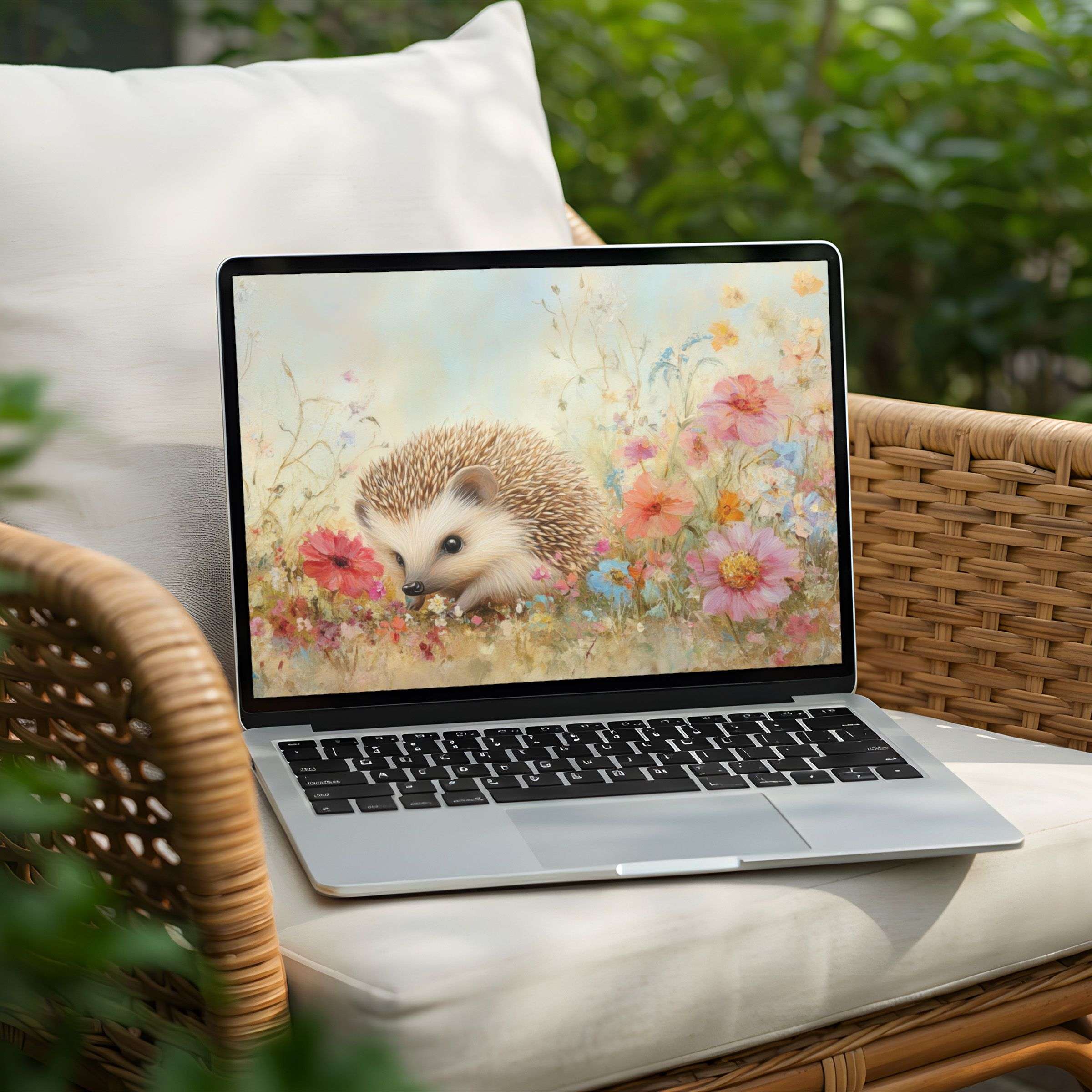 Enchanting hedgehog floral scene desktop background for PC or Laptop brings serene elegance with instant download for mindfulness