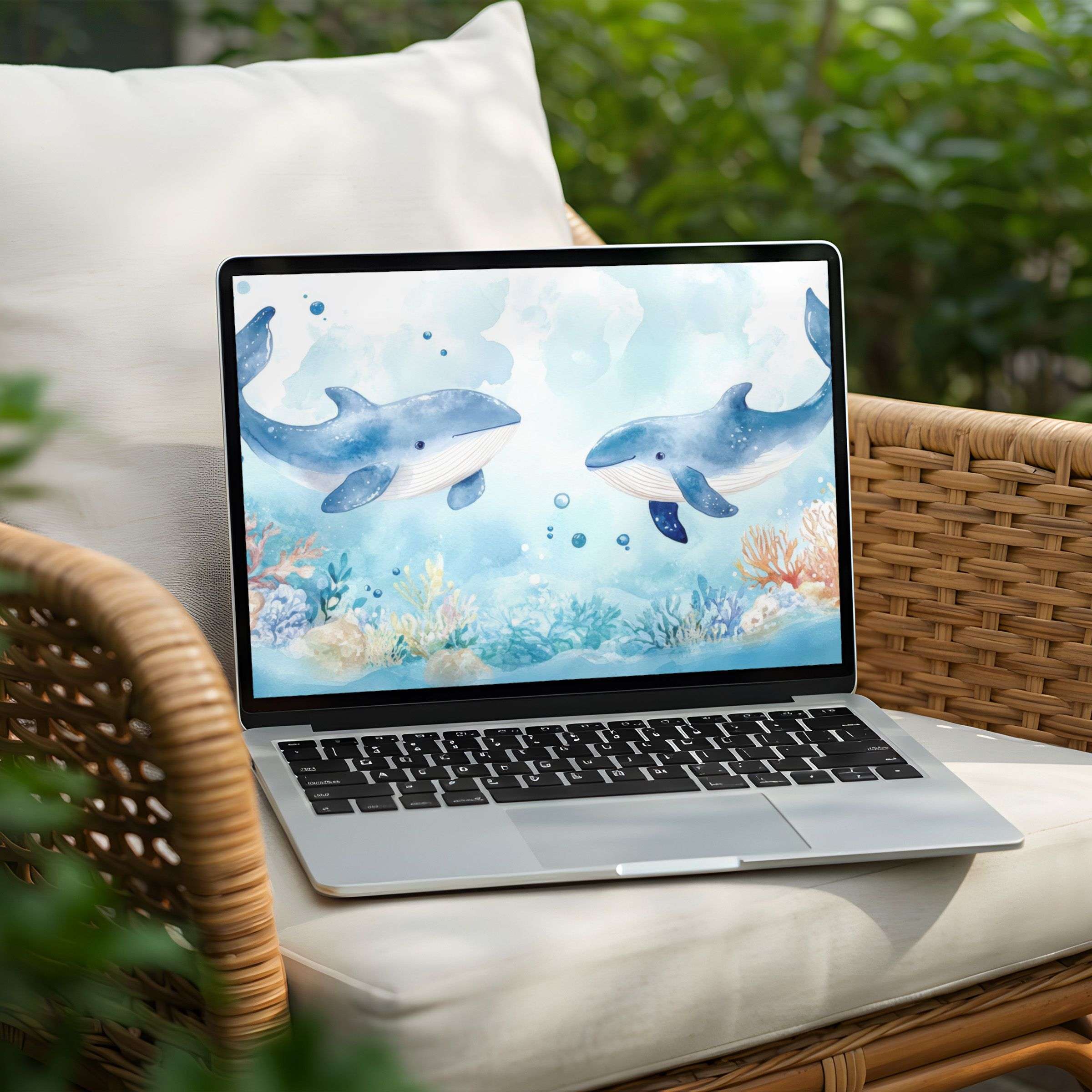 Tranquil watercolor whales swim in serene blue waters on your PC or Laptop desktop background instant download for inspiration