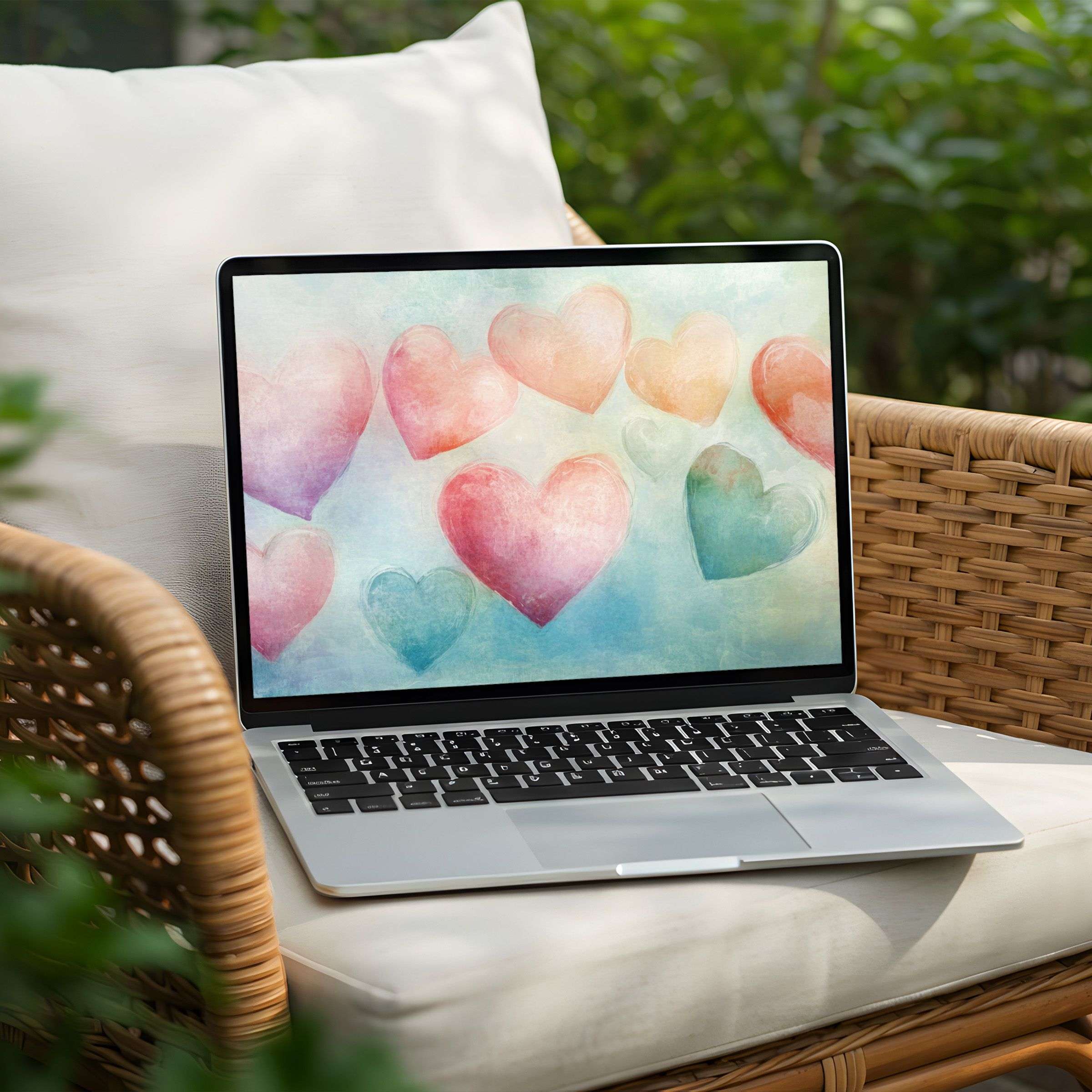 Vibrant heart-themed desktop background on a Laptop; instant download for PC users seeking elegance, tranquility, and inspiration