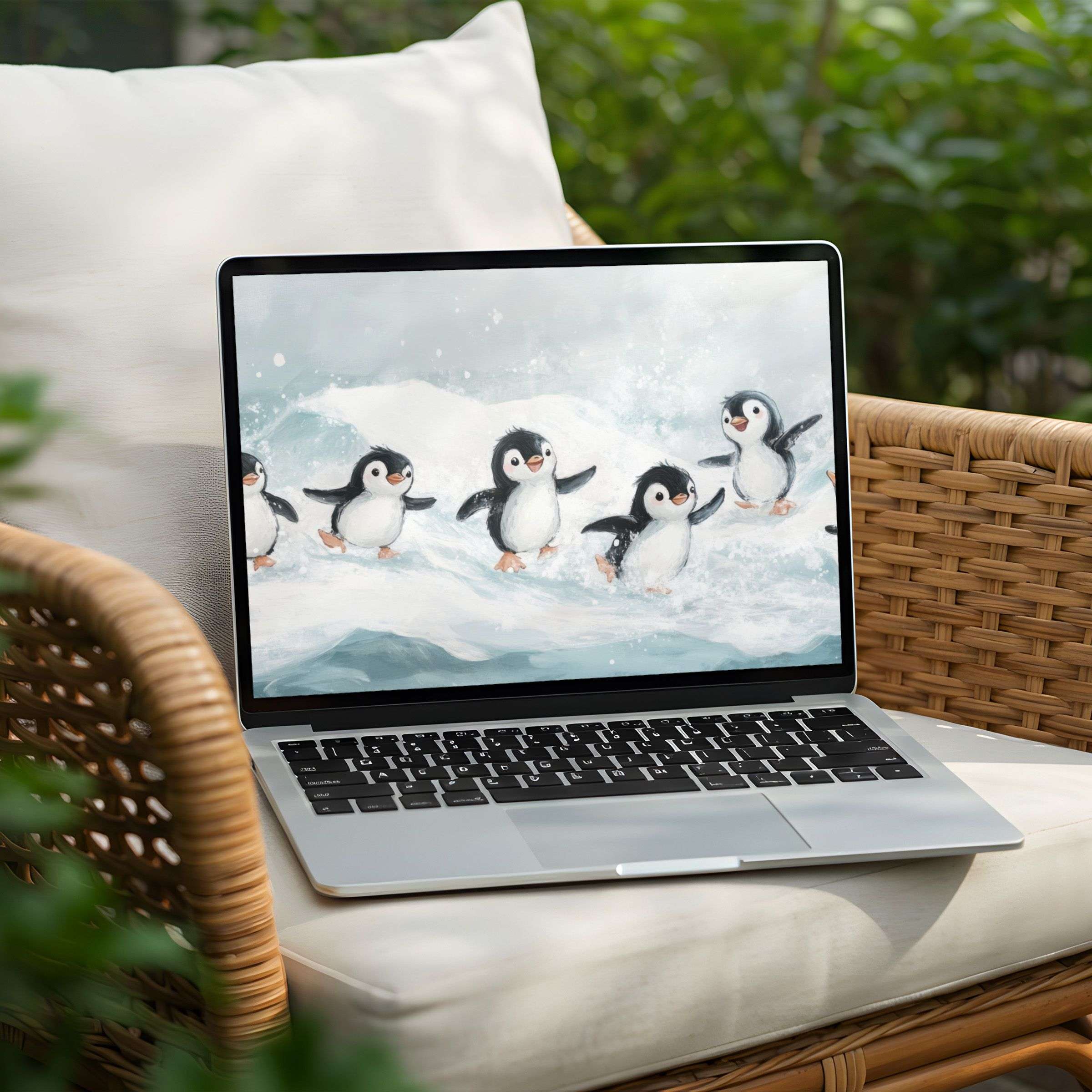 Calming desktop background featuring playful penguins on ice for PC or Laptop instant download for mindful inspiration