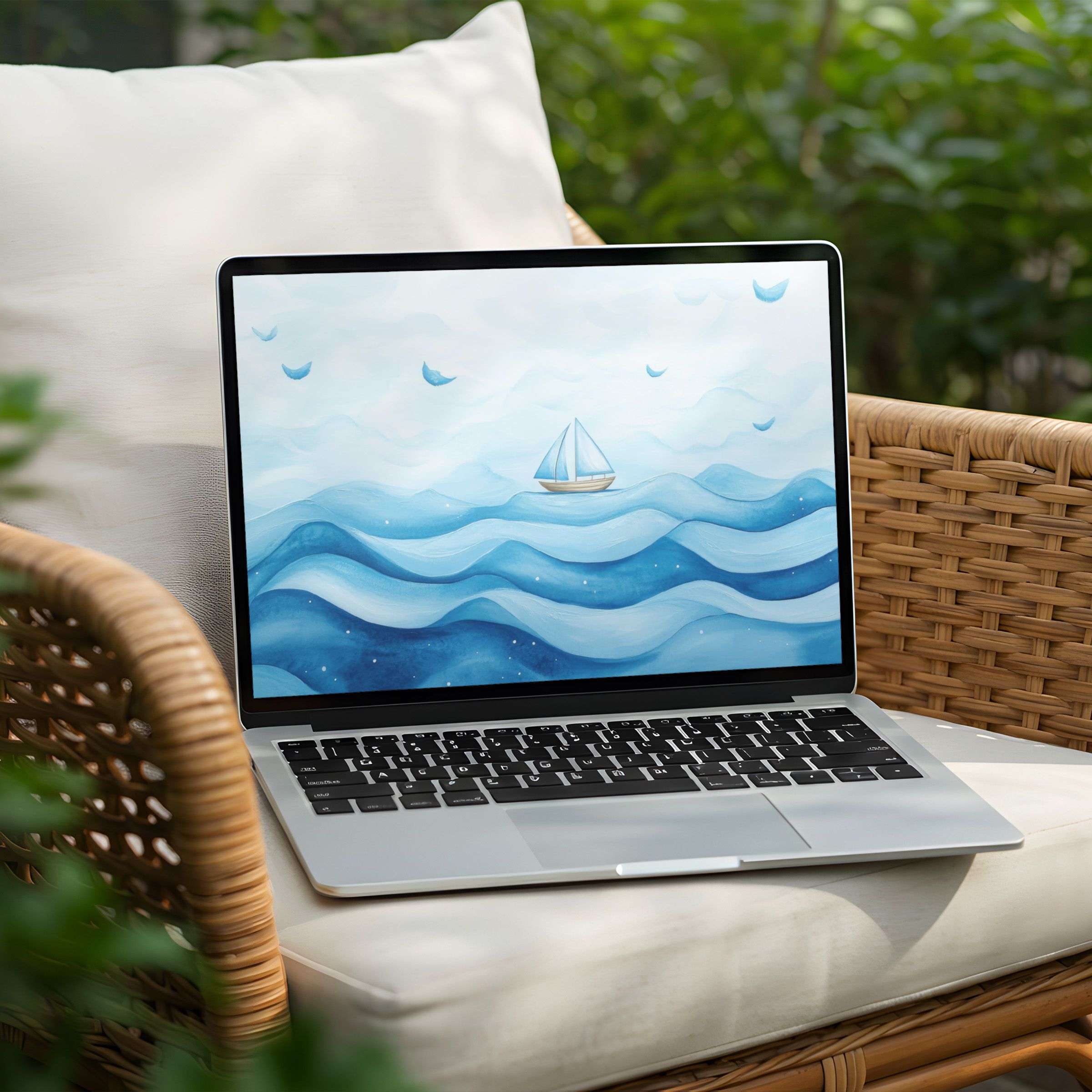 Serene waves and sailboat digital art for desktop background on PC or Laptop instant download for elegance and mindfulness