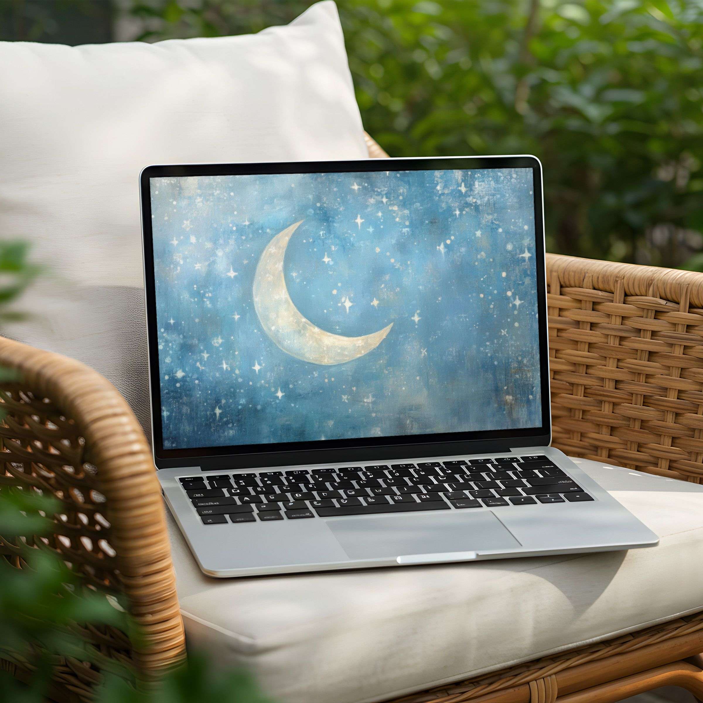 Elegant crescent moon and stars digital art desktop background for instant download on PC and Laptop inspiring calmness
