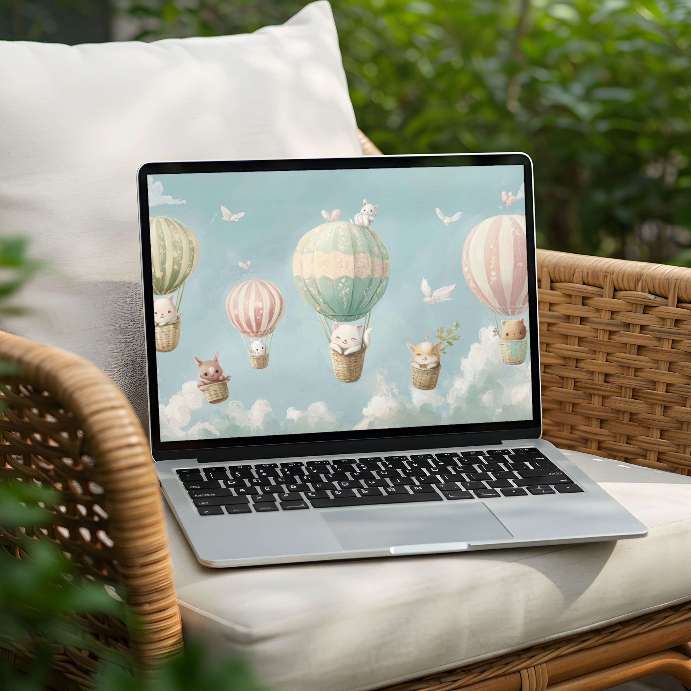 Serene pastel hot air balloons with animals on desktop background for PC or Laptop offering instant download for mindful inspiration