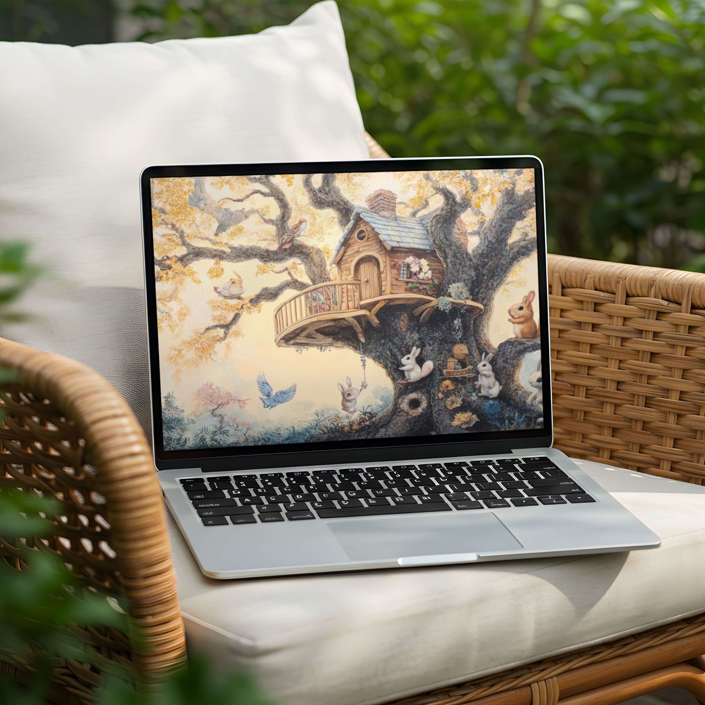 Laptop displaying an enchanting woodland scene desktop background, perfect for instant download, inspiring calm and mindfulness on PC
