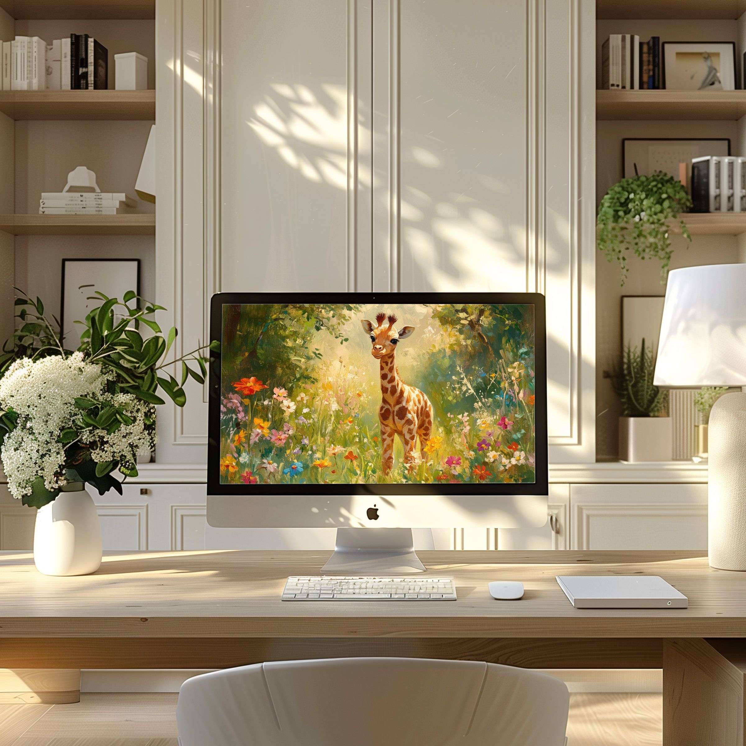 Elegant wallpaper for computer showcasing a serene giraffe in vibrant nature, ideal for PC, Laptop, ultrawide downloads inspiring home office tranquility