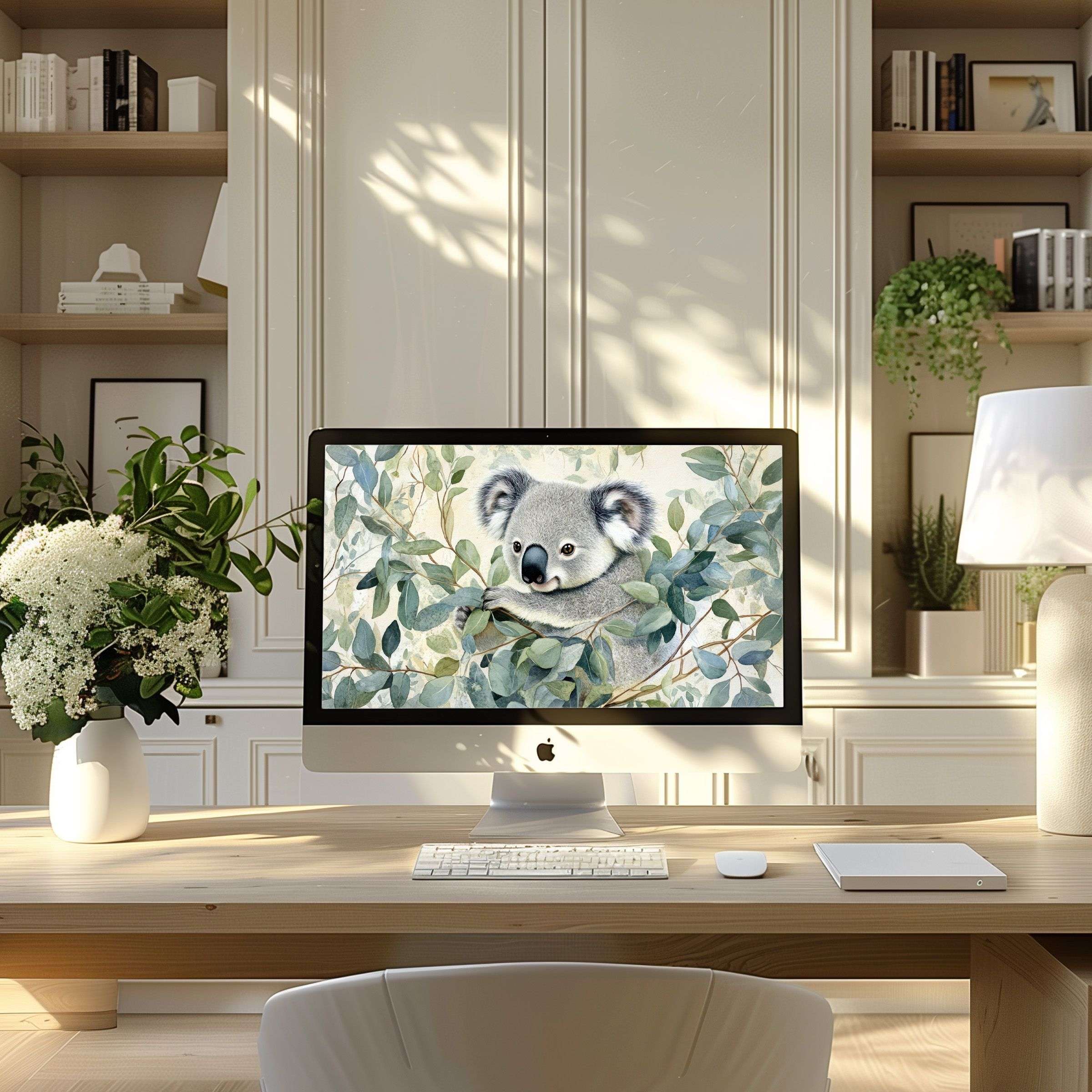 Elegant koala artwork offers calm inspiration for PC or laptop wallpaper in a modern home office, supporting digital downloads