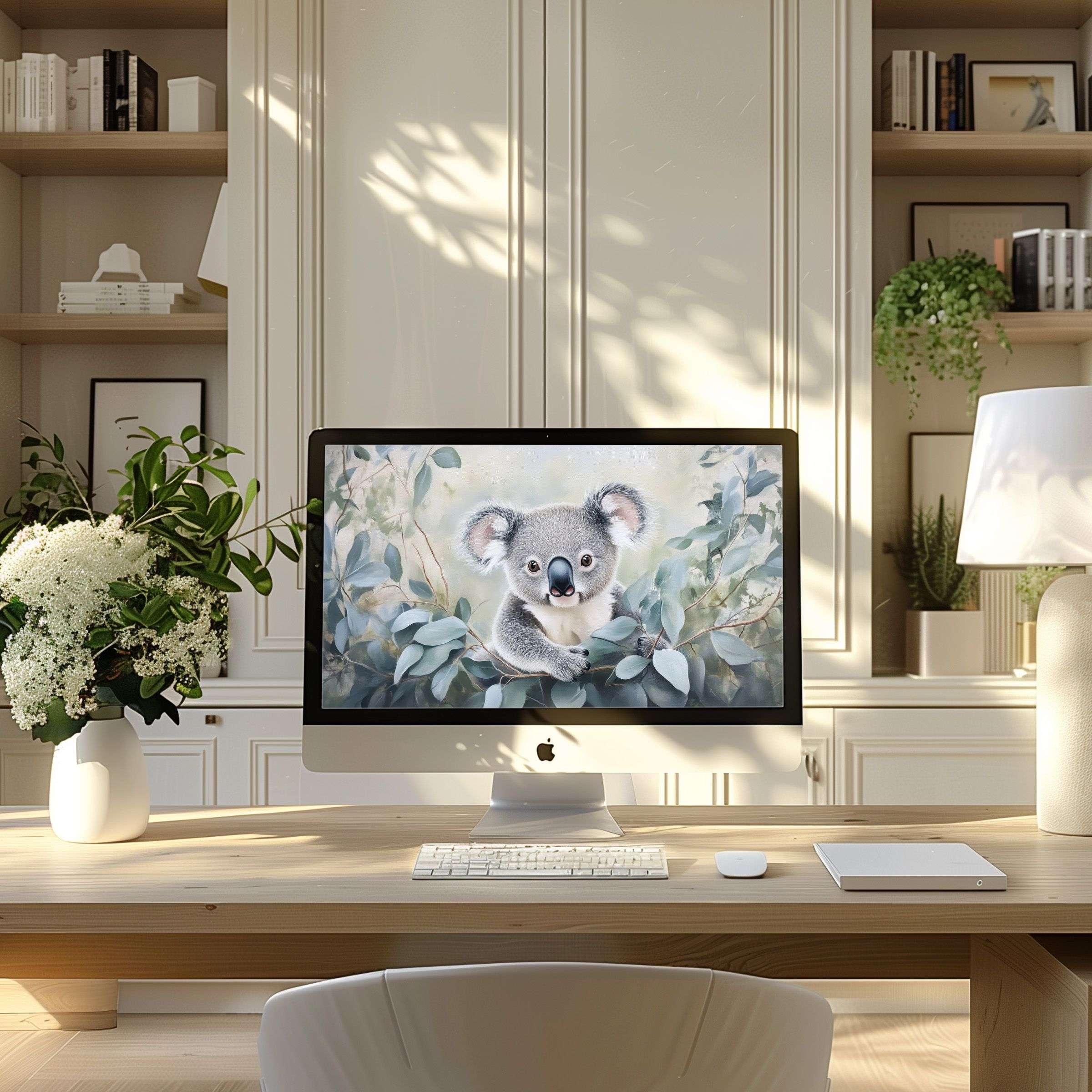 Calm and elegant koala wallpaper for computer screens inspires tranquility in a modern home office setting for PC and Laptop users