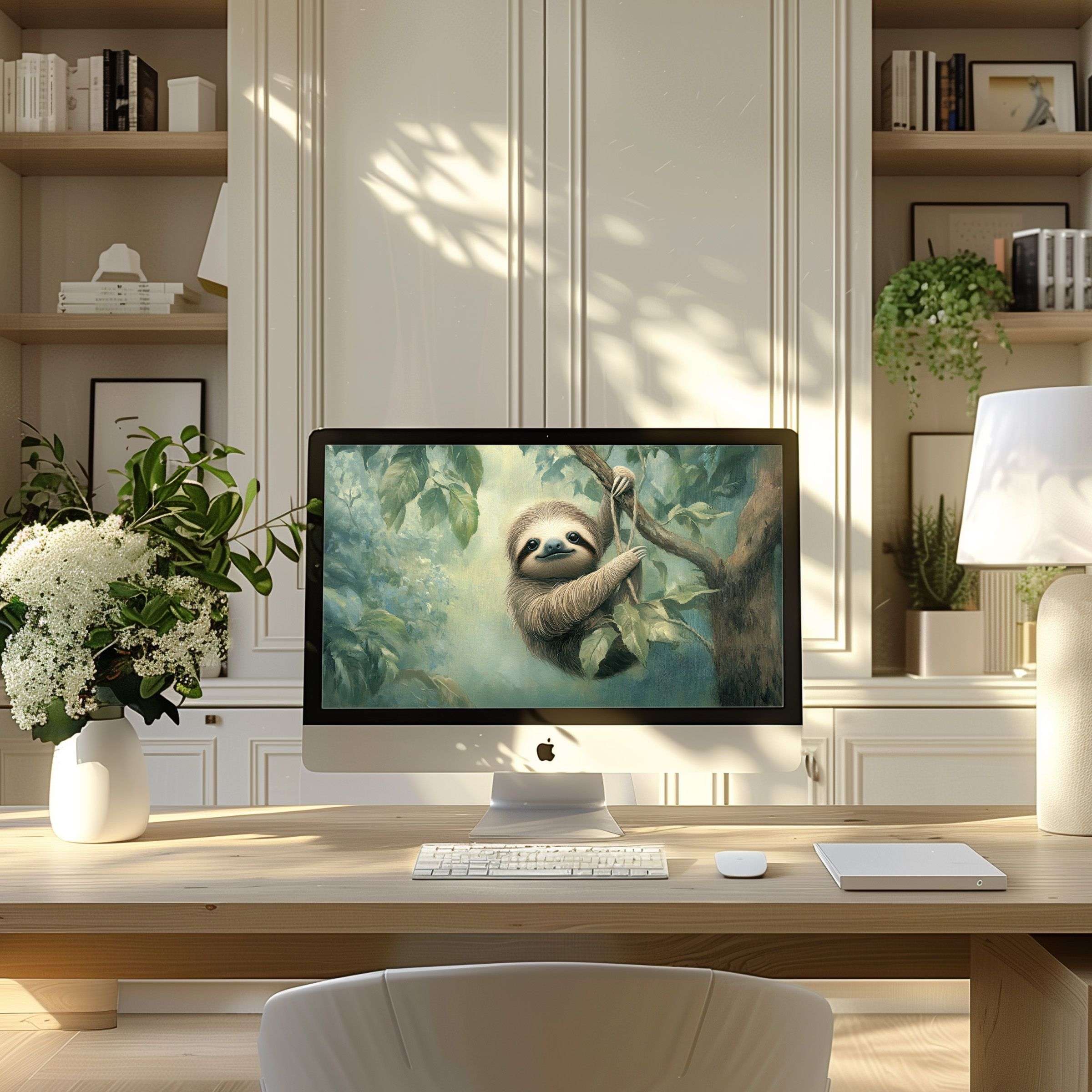A serene sloth-inspired digital art wallpaper for computer on a modern desk, ideal for PC and laptop, evoking calm and elegance