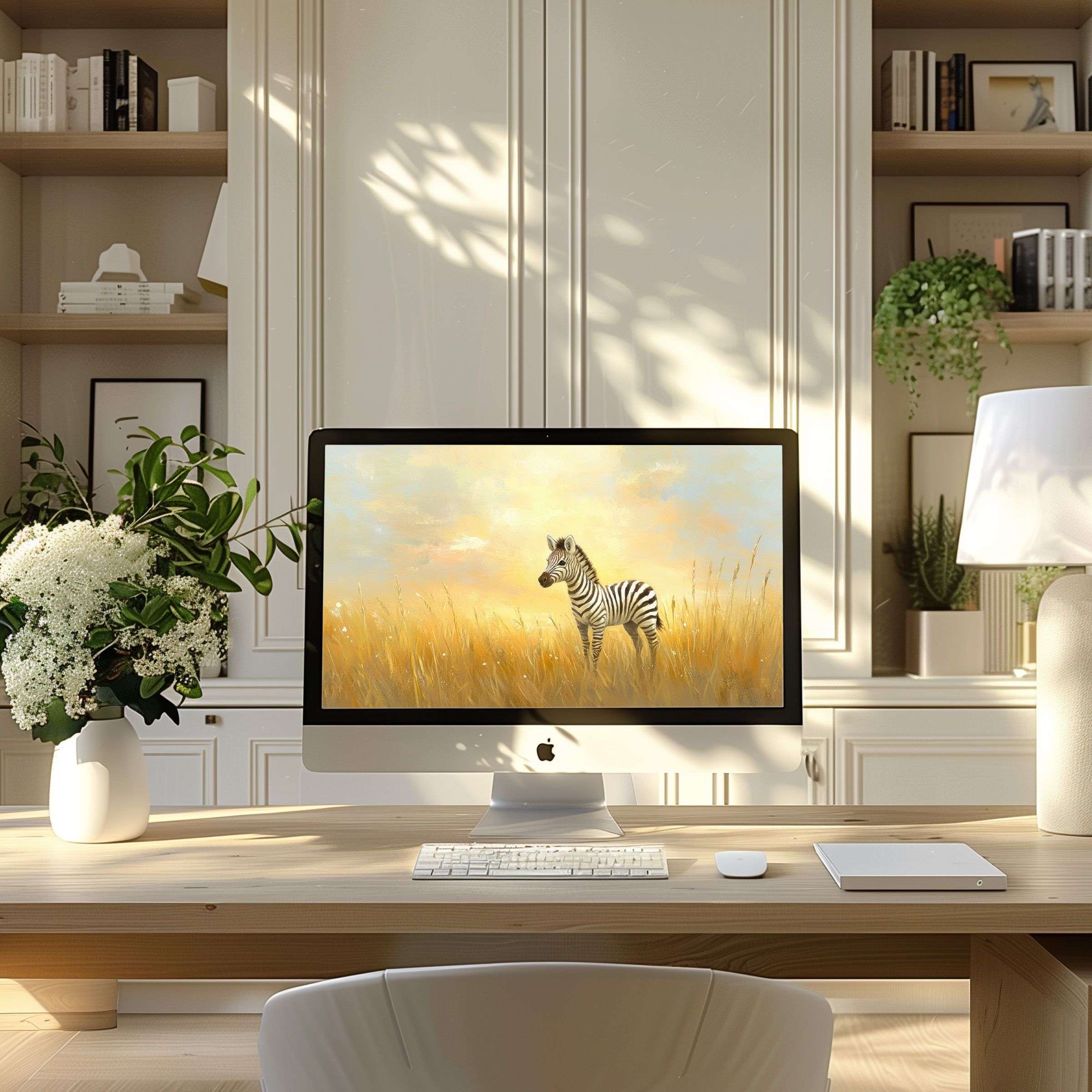 Elegant zebra digital art offers a calming wallpaper for computer desktops, enhancing any PC or Laptop with serene sophistication