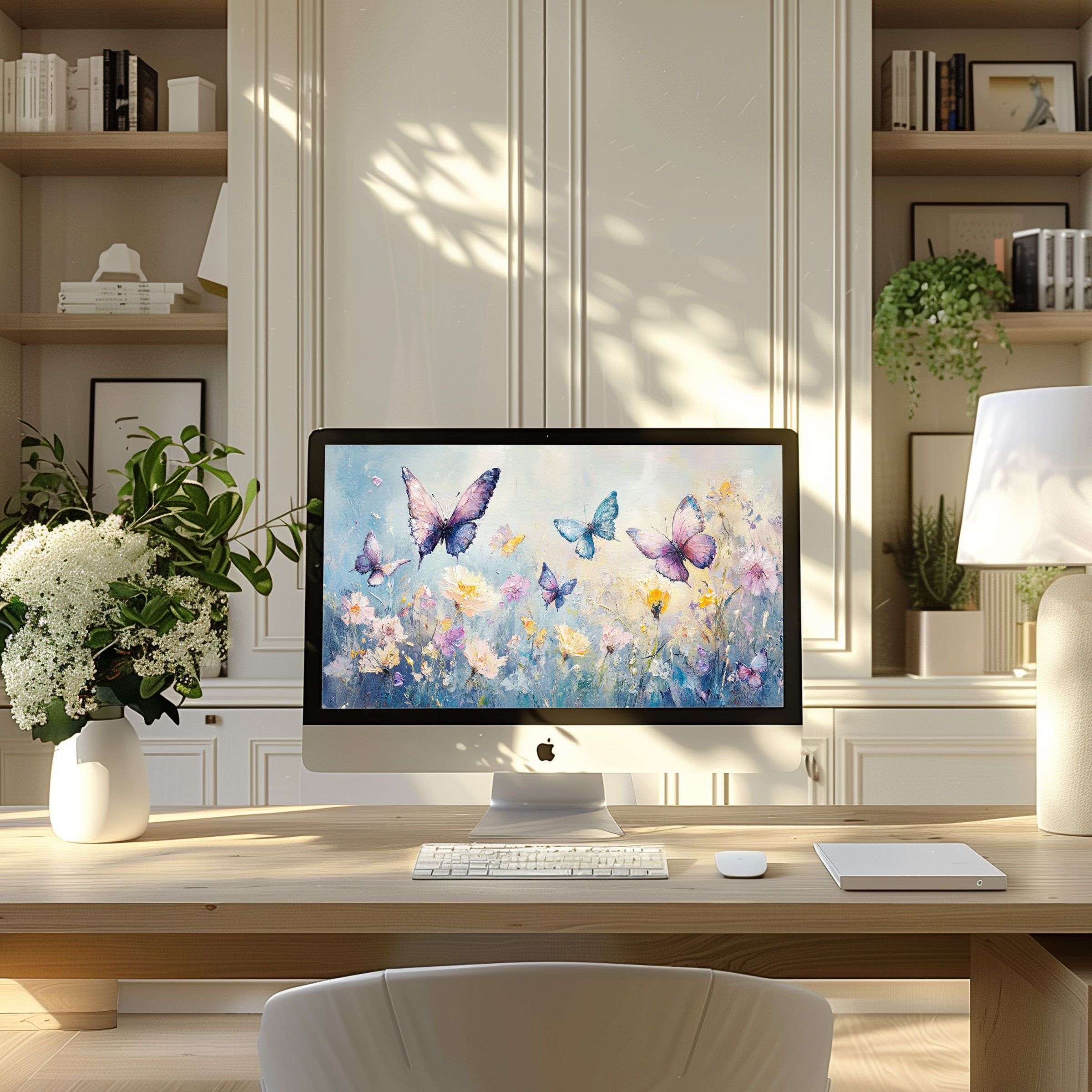 Elegant butterfly floral artwork as a calming wallpaper for computer or laptop in a modern home office inspiring creativity