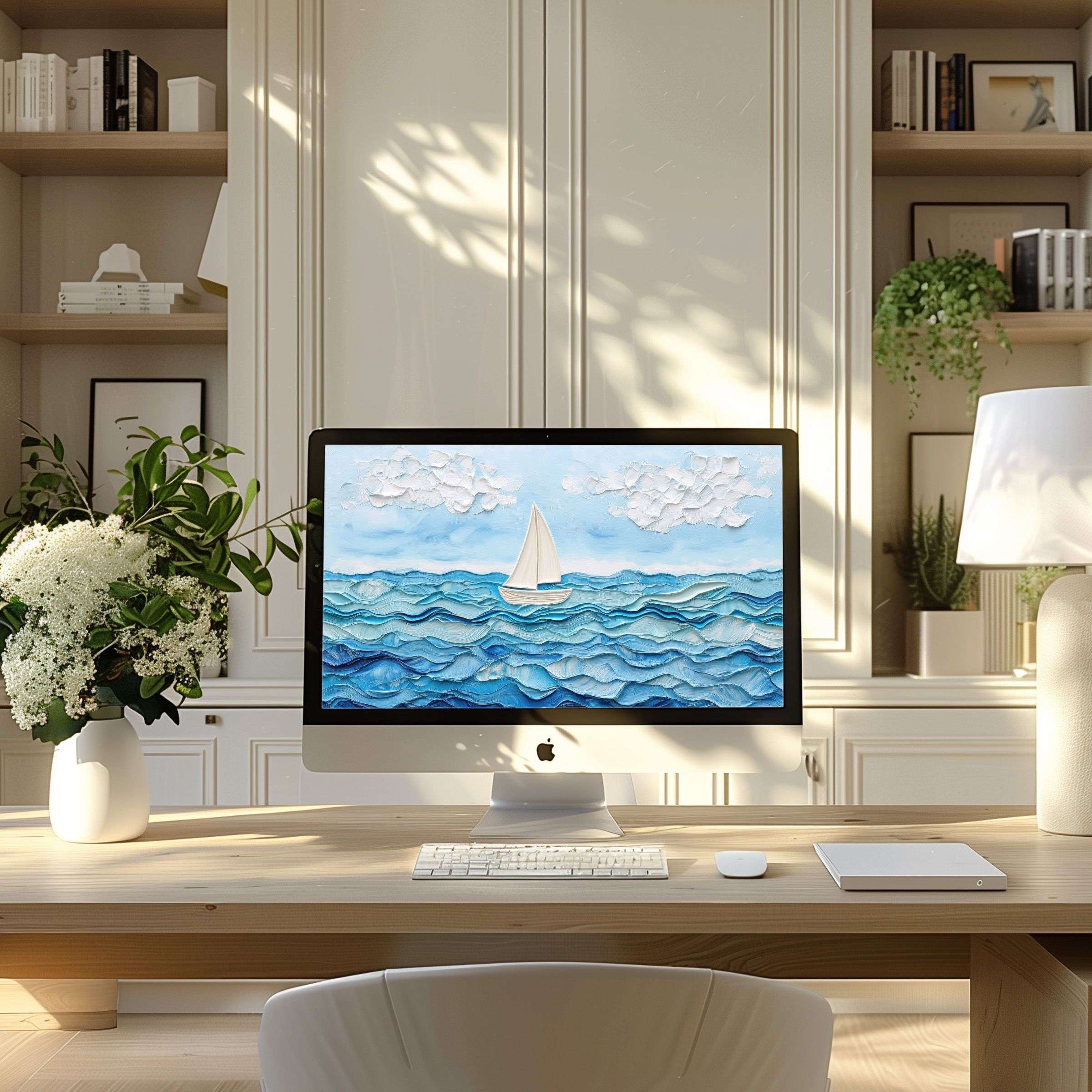 Elegant ocean-themed wallpaper for computer enhances modern home office, fits PC and laptop screens, inspiring calm and aesthetic charm
