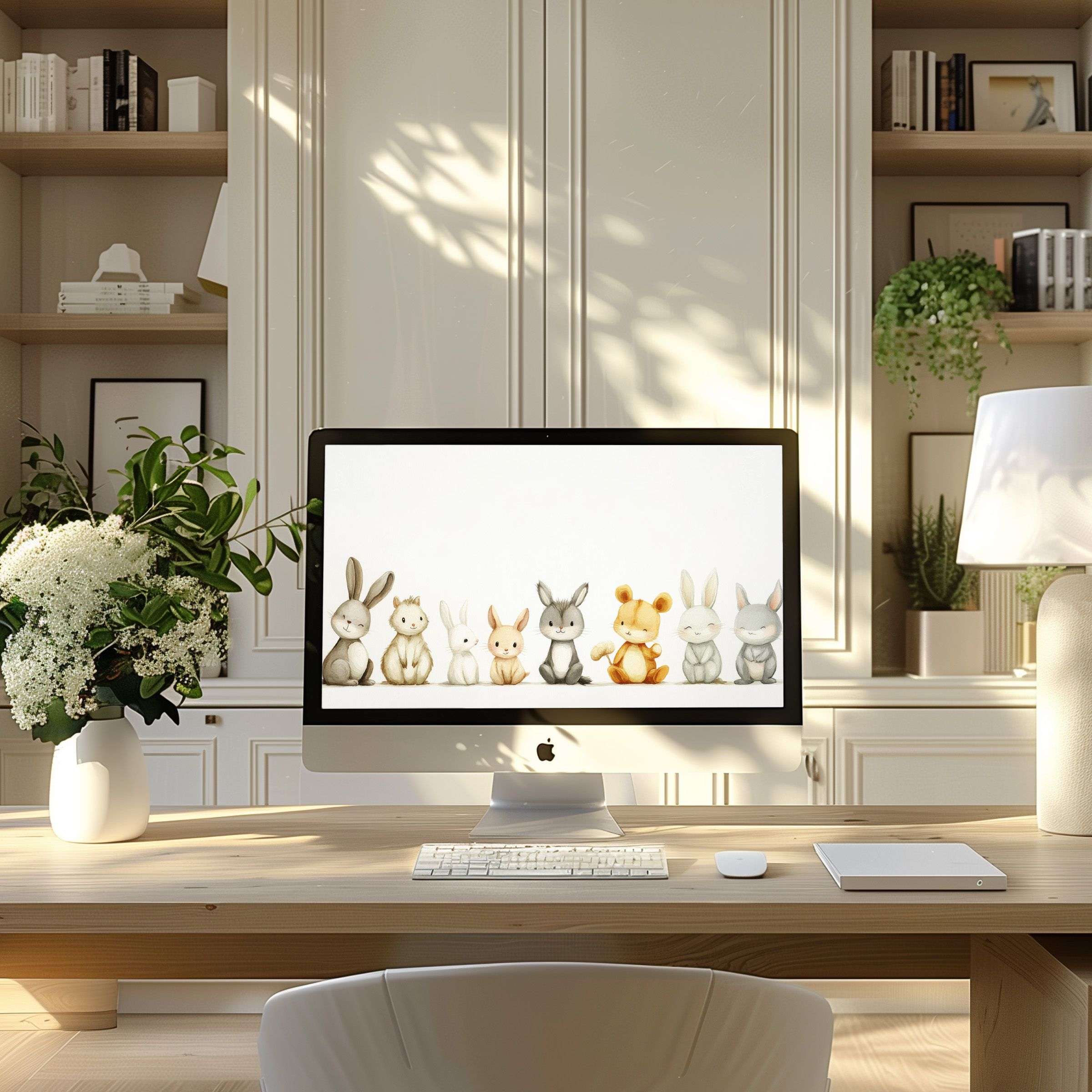 Charming bunny motif wallpaper for computer adds elegance and calm to modern home office fits PC laptop ultrawide screens
