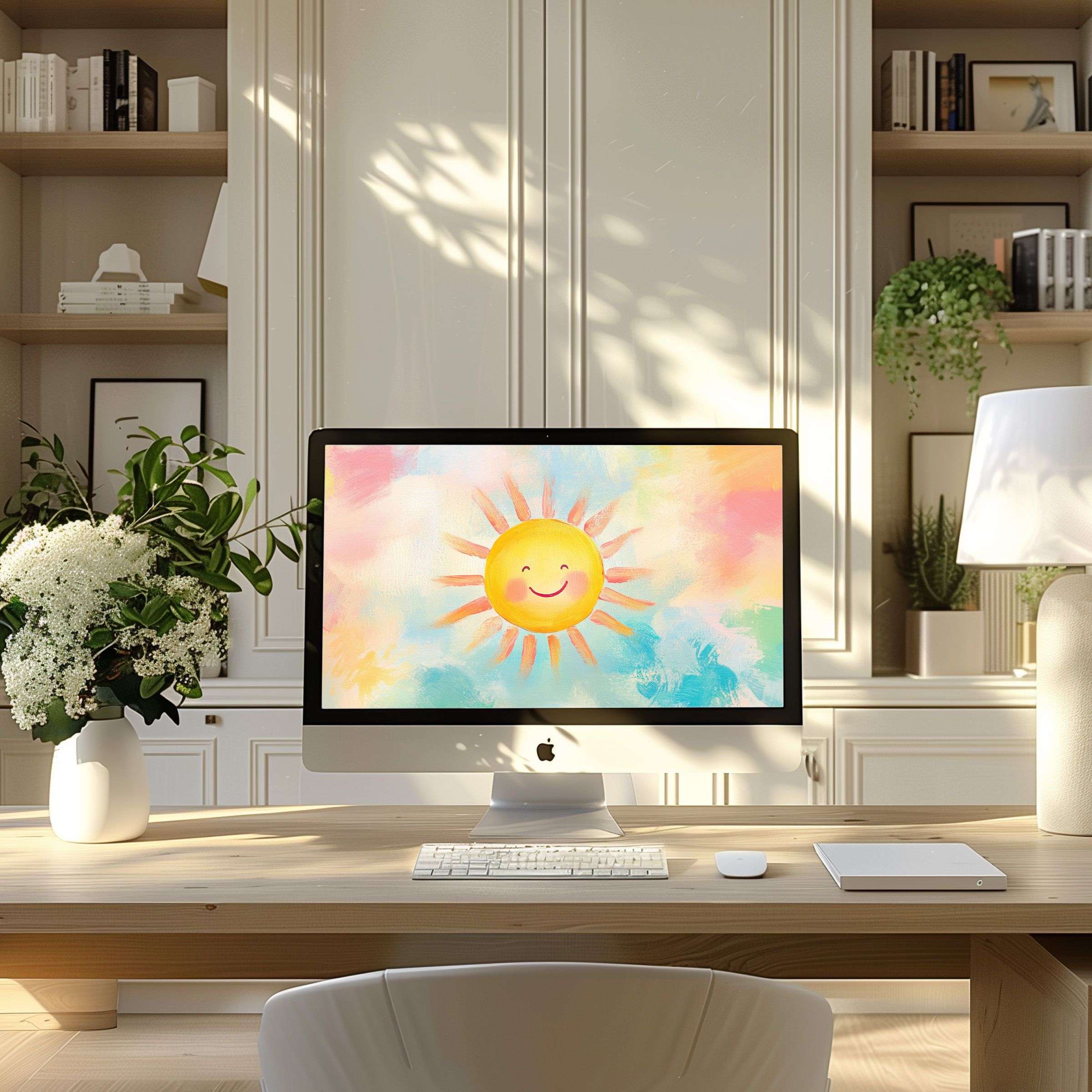 Brighten your modern home office with a sun-themed watercolor wallpaper for computer PC or laptop, inspiring calm and elegance