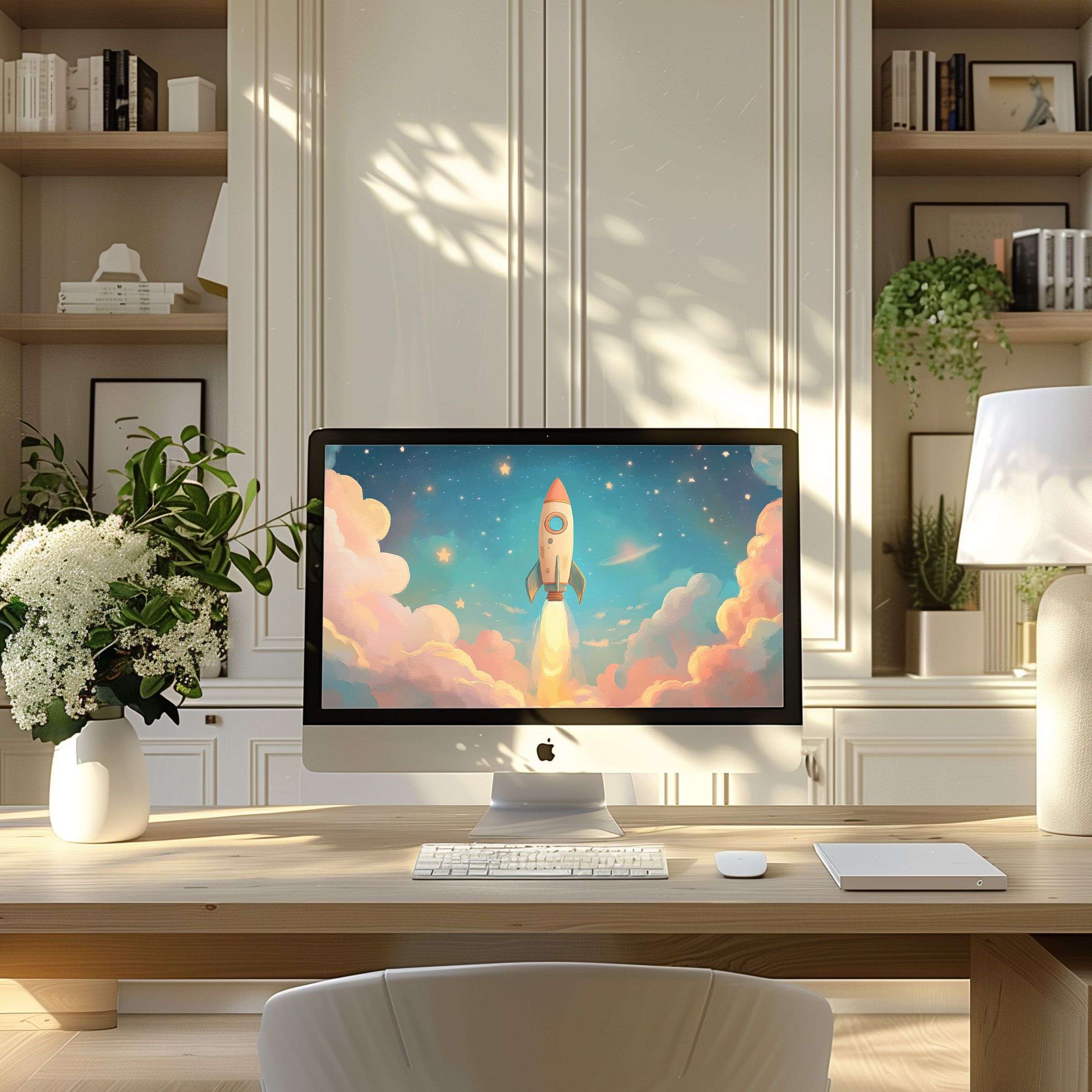 Inspire creativity with a dreamy rocket wallpaper for computer and laptop, perfect for modern home office elegance and calm