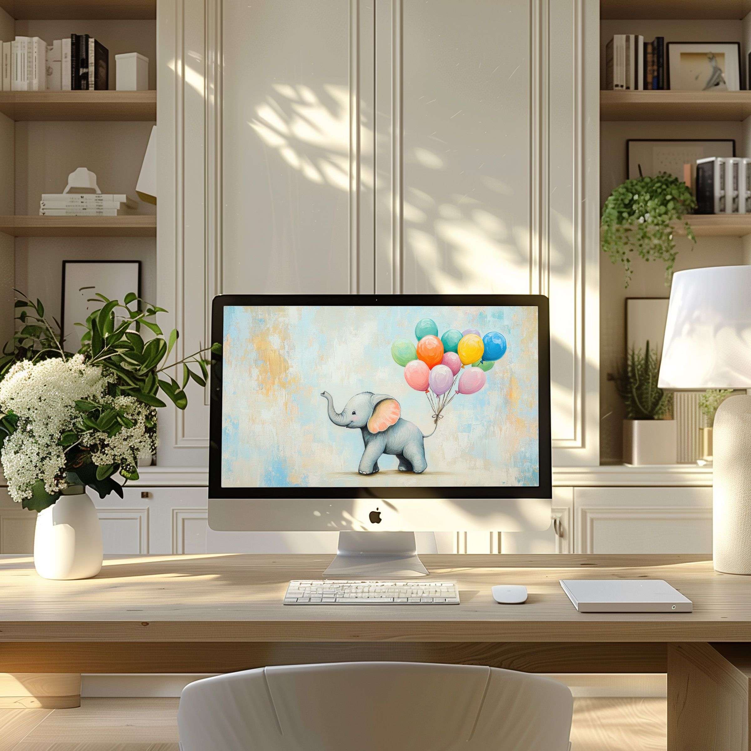 Elegant watercolor elephant with balloons wallpaper for computer brings calm to modern home office fits PC and Laptop download