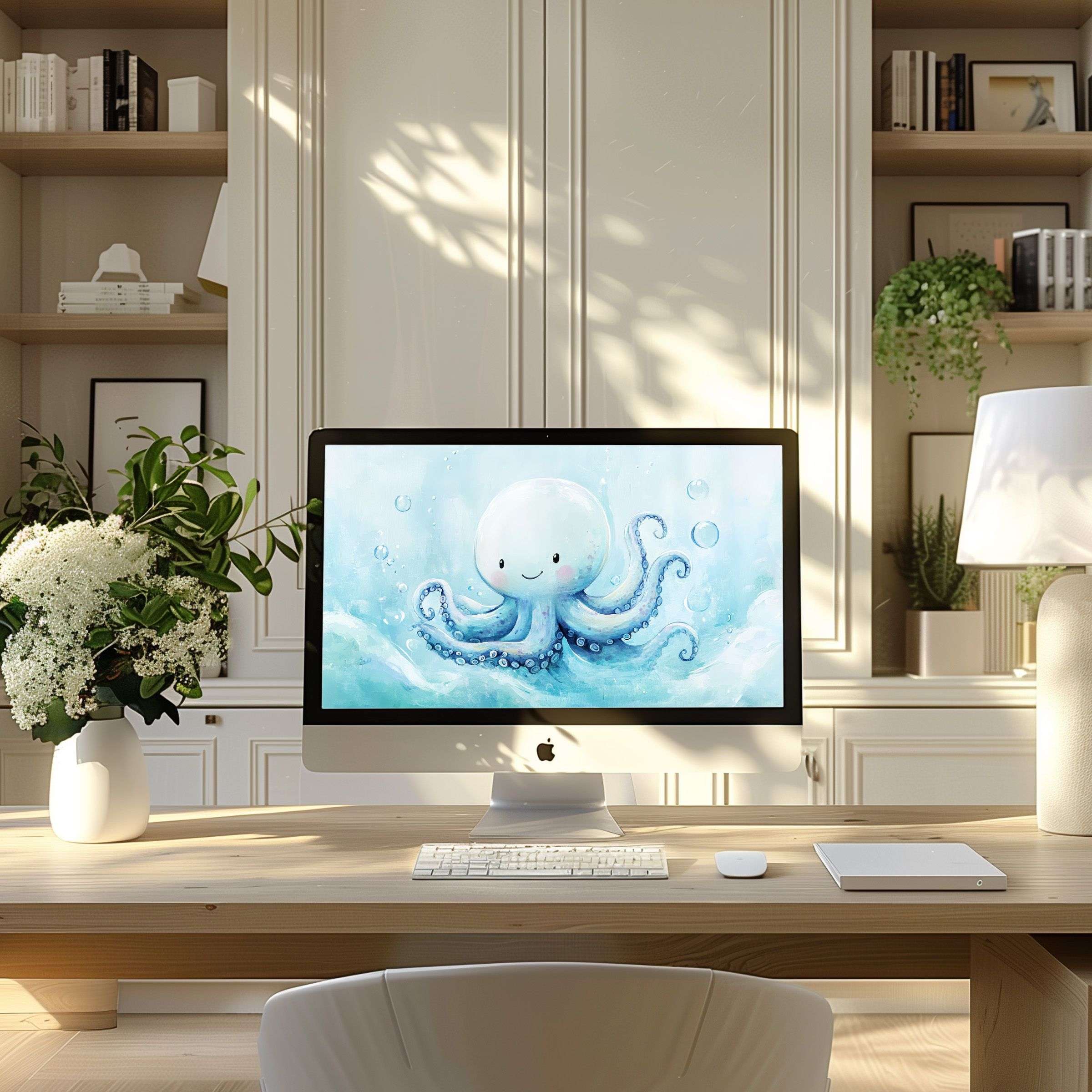 Elegant digital octopus art wallpaper for computer in serene home office fits PC, Laptop for modern inspiration and calm