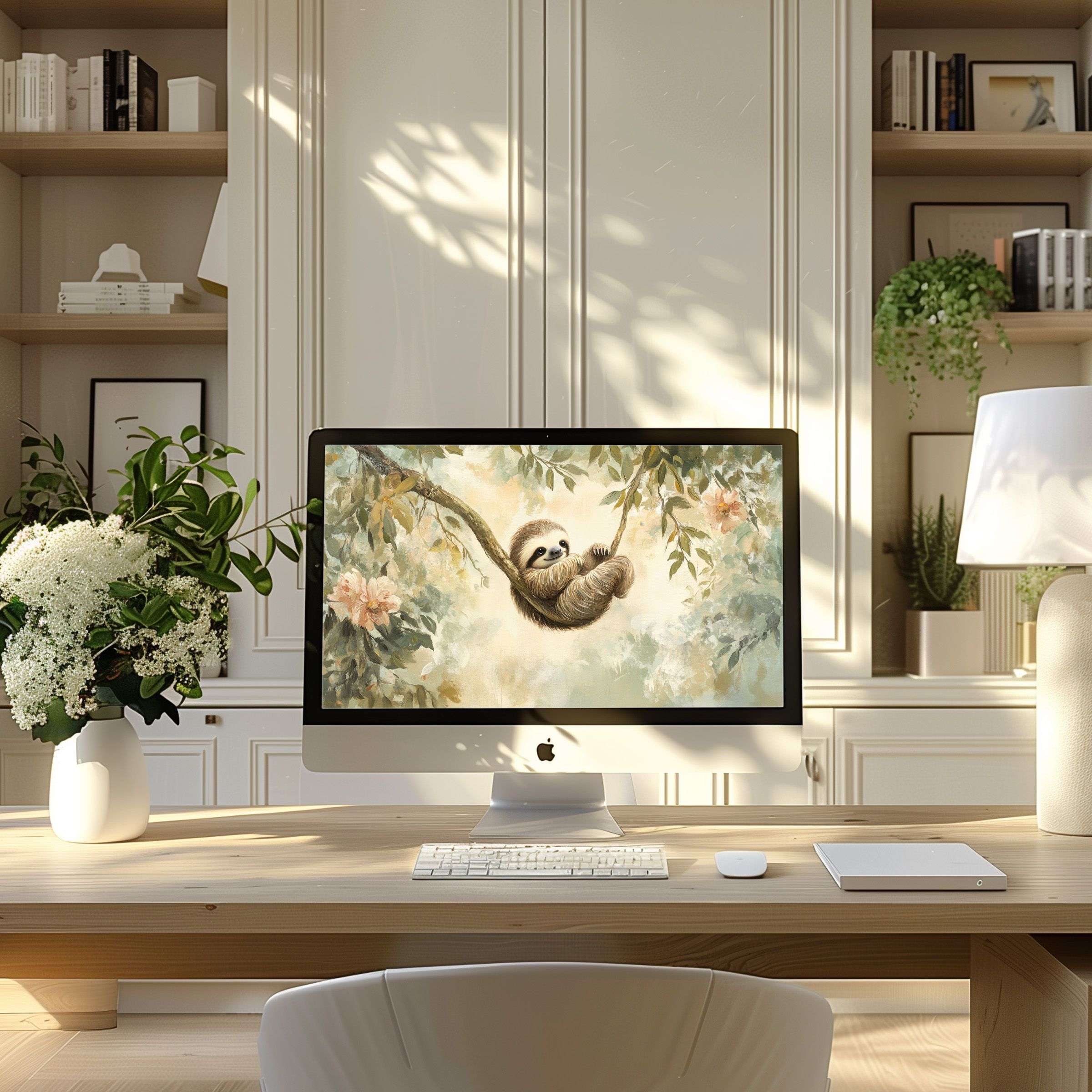 Elegant sloth motif wallpaper for computer adds calm and inspiration to modern home office ideal for PC or laptop download