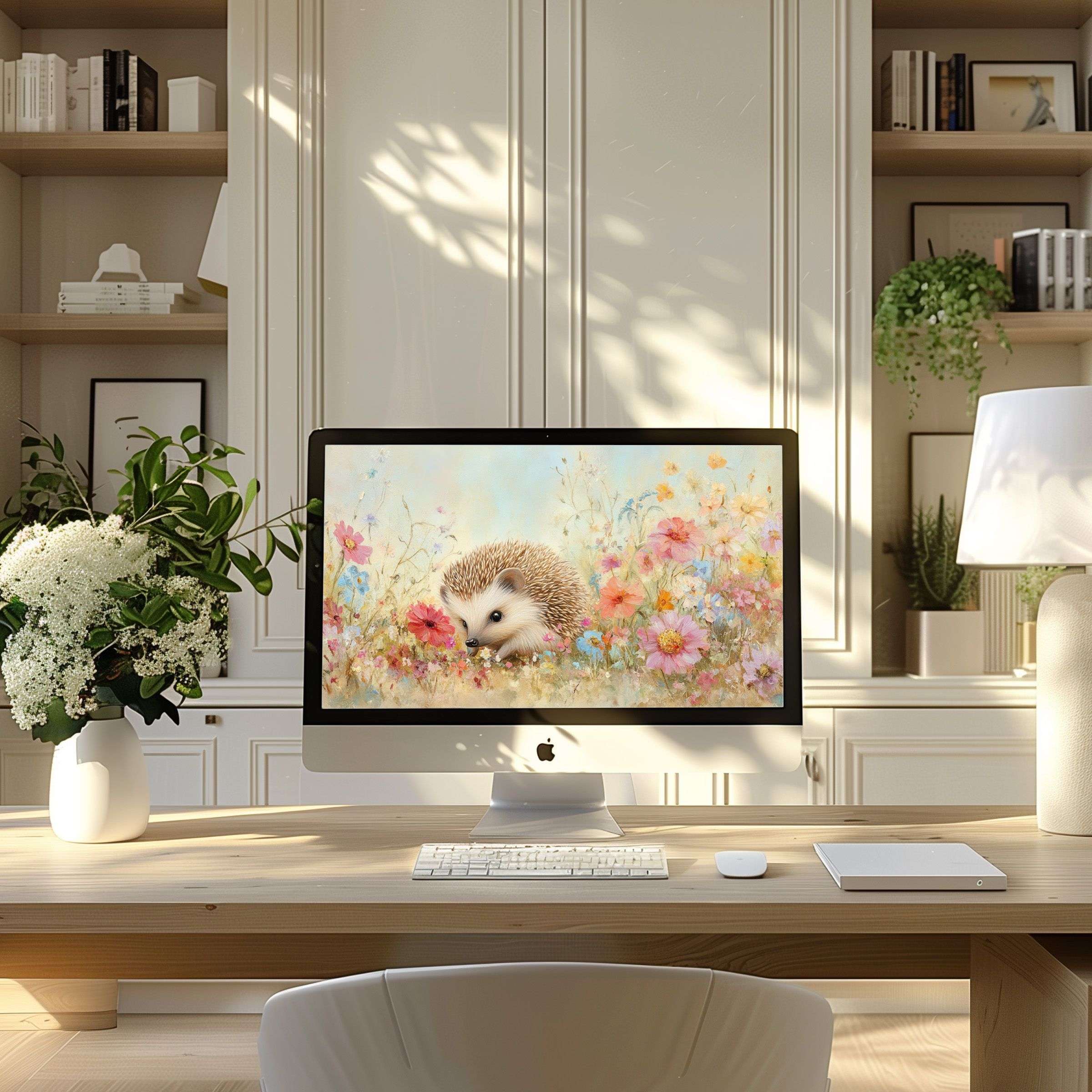Elegant hedgehog digital art wallpaper for computer and laptop in a serene, modern home office setting inspiring calm and creativity