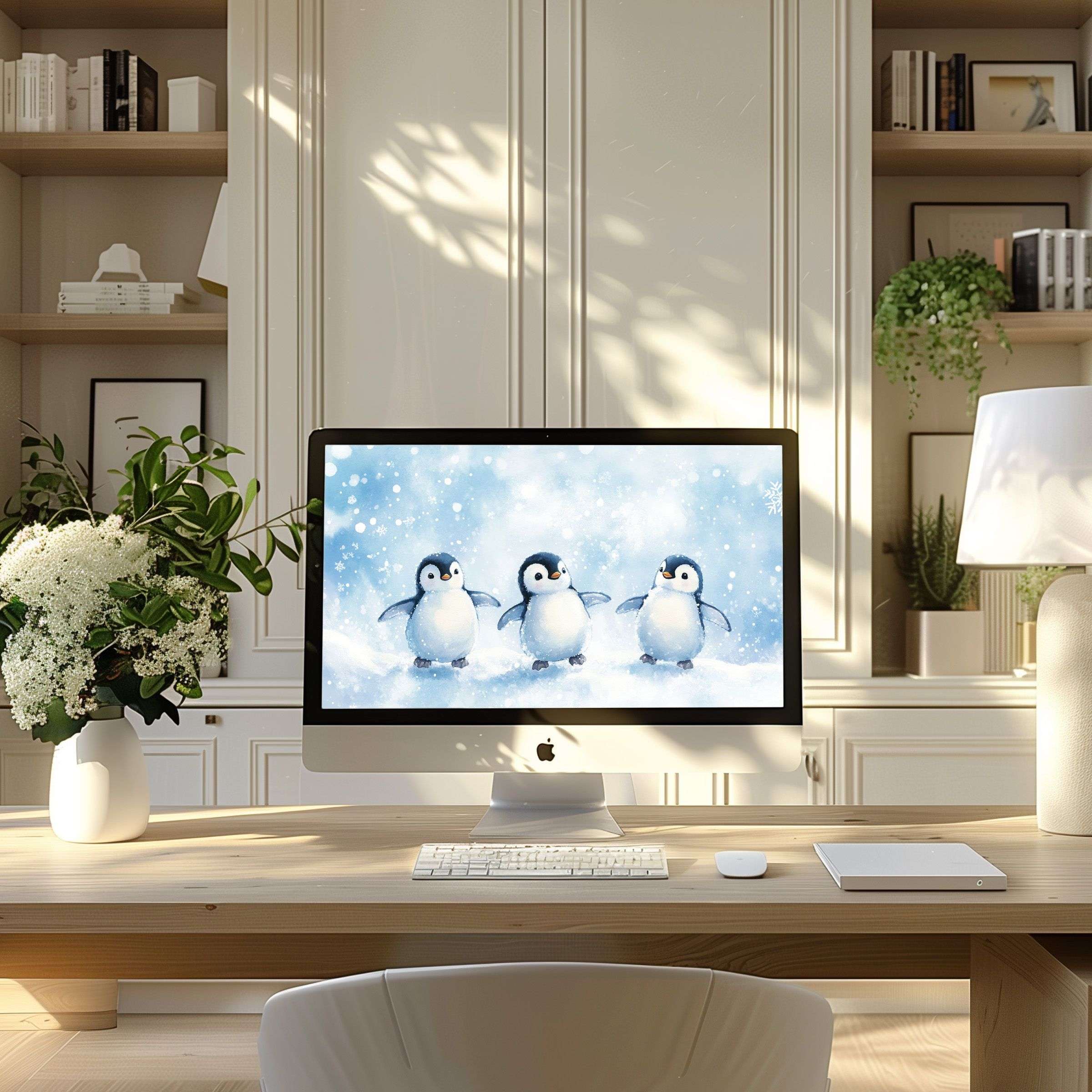 Elegant penguin-themed wallpaper for computer adds inspiration to this modern home office setting for PC and Laptop users