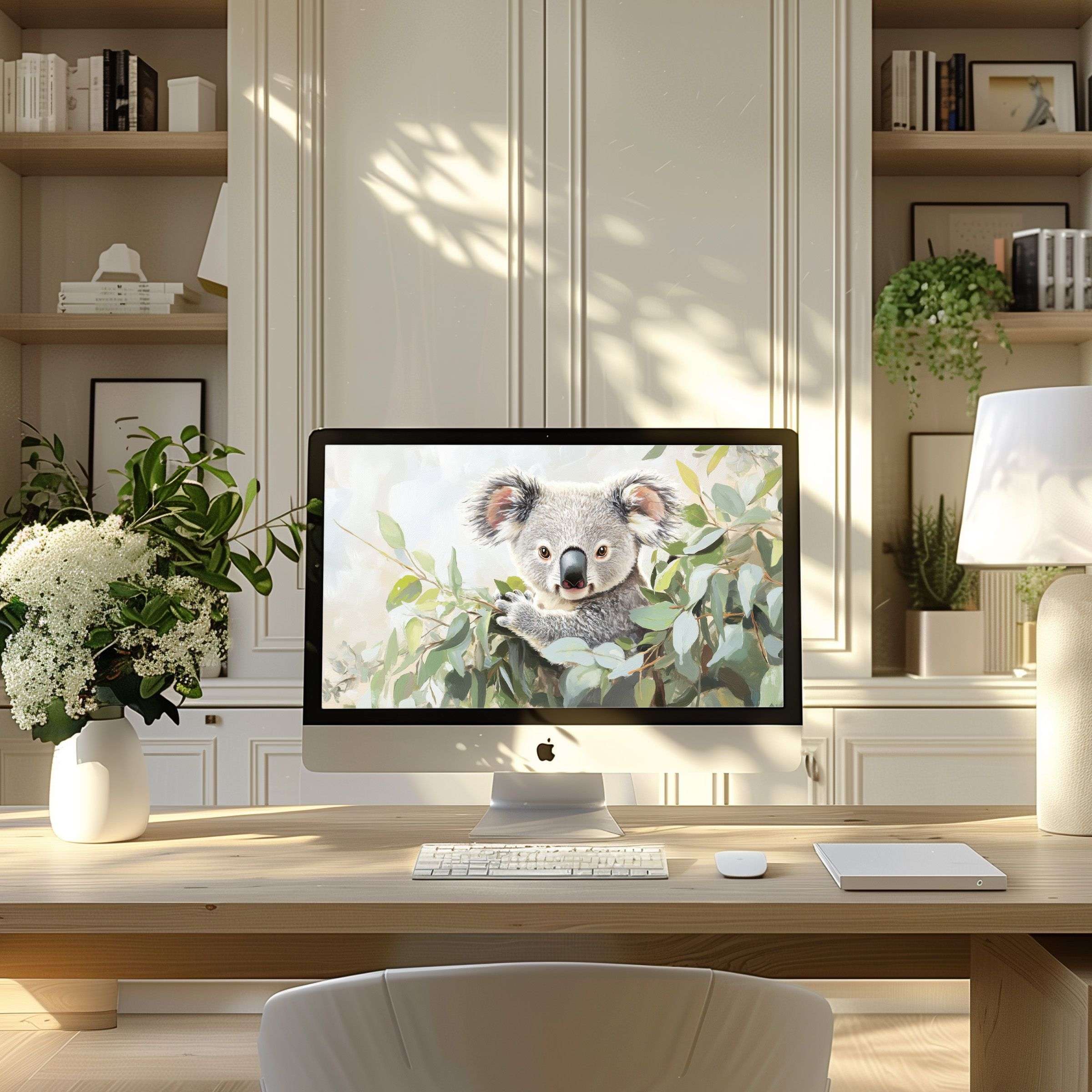 Serene koala-themed wallpaper for computer enhances modern home office elegance, perfect for PC, Laptop, ultrawide digital download