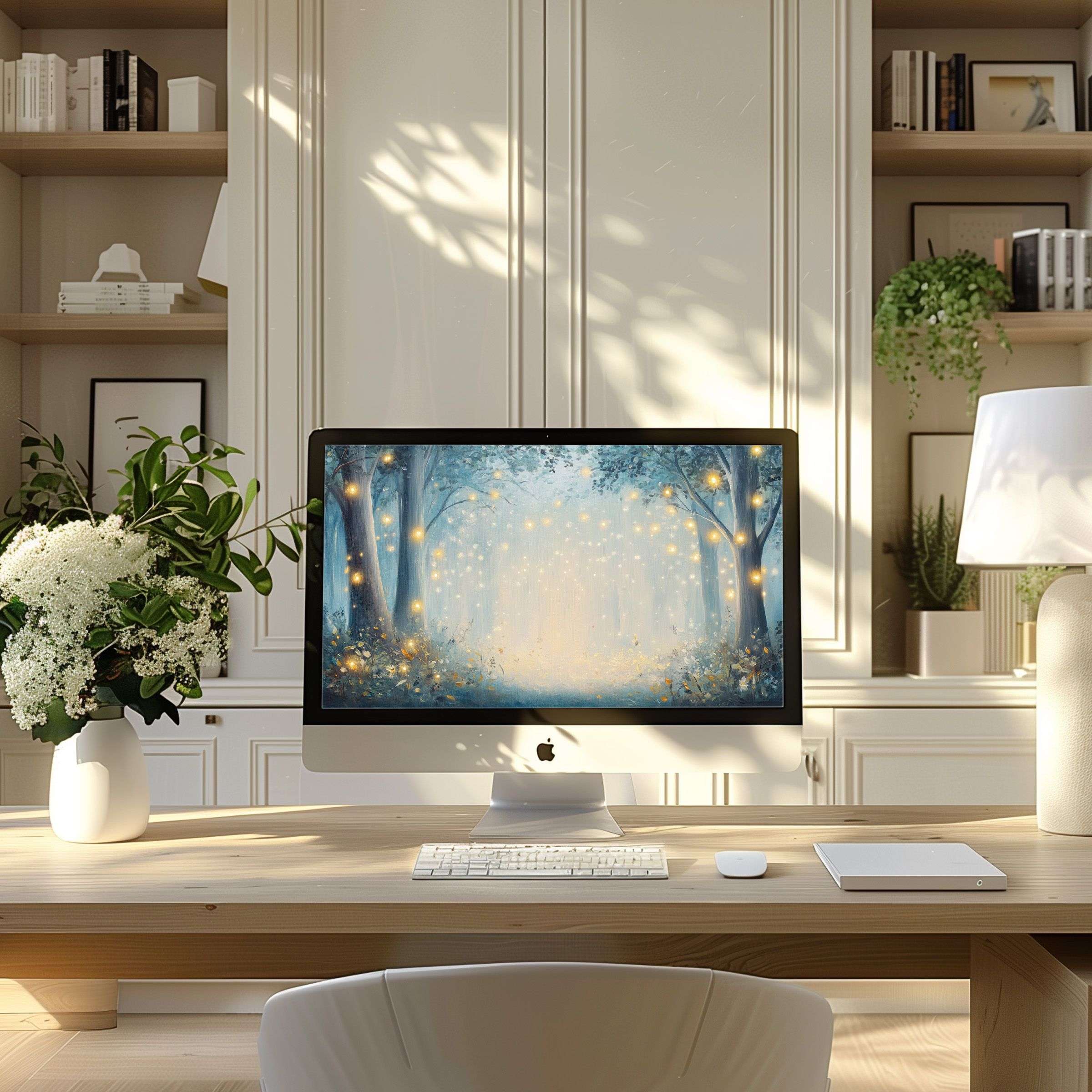 Elegant wallpaper for computer, perfect for PC and Laptop, blending ethereal nature art with serene modern home office décor