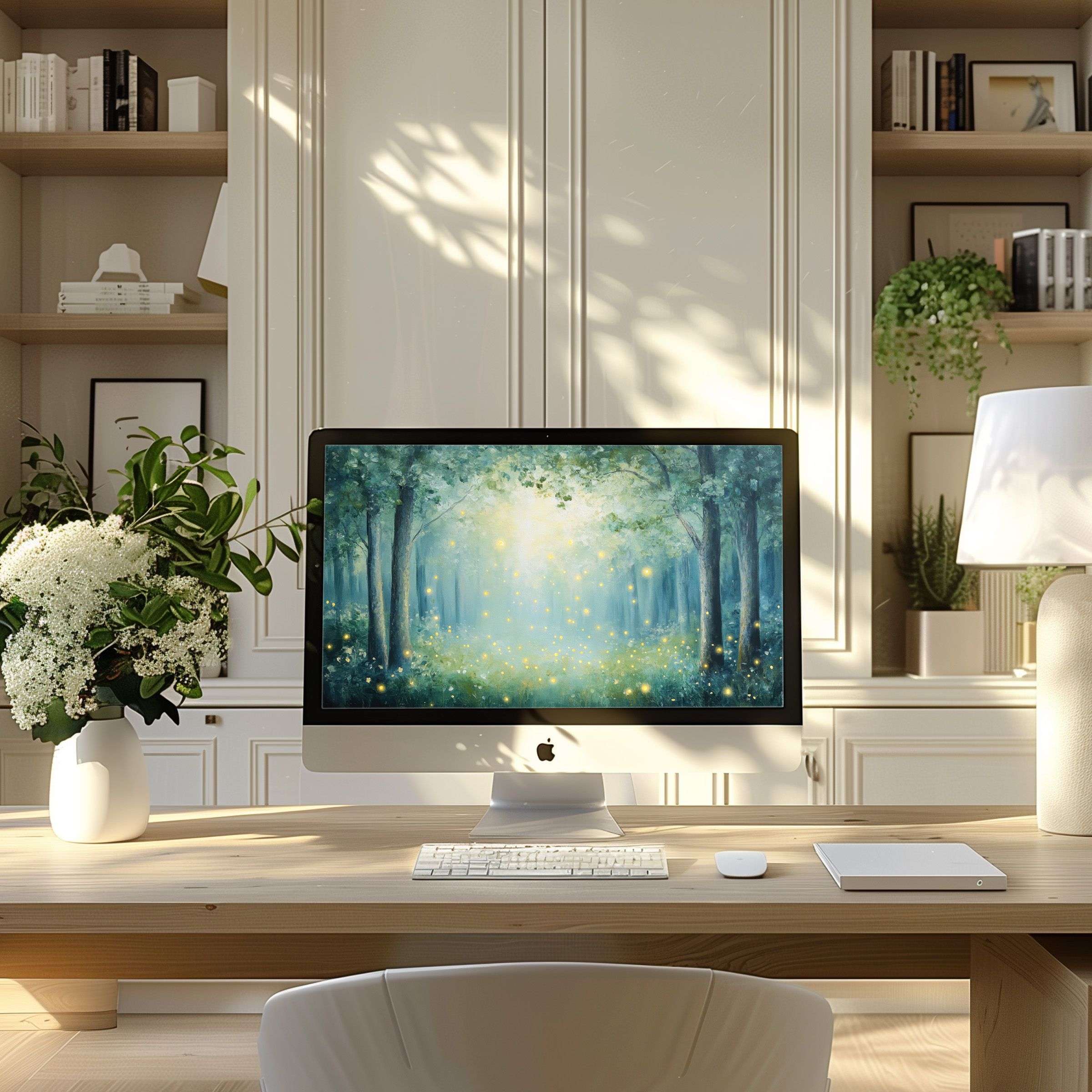 Enchanting forest wallpaper for computer exudes calm and elegance, perfect for PC or laptop in a modern home office setup