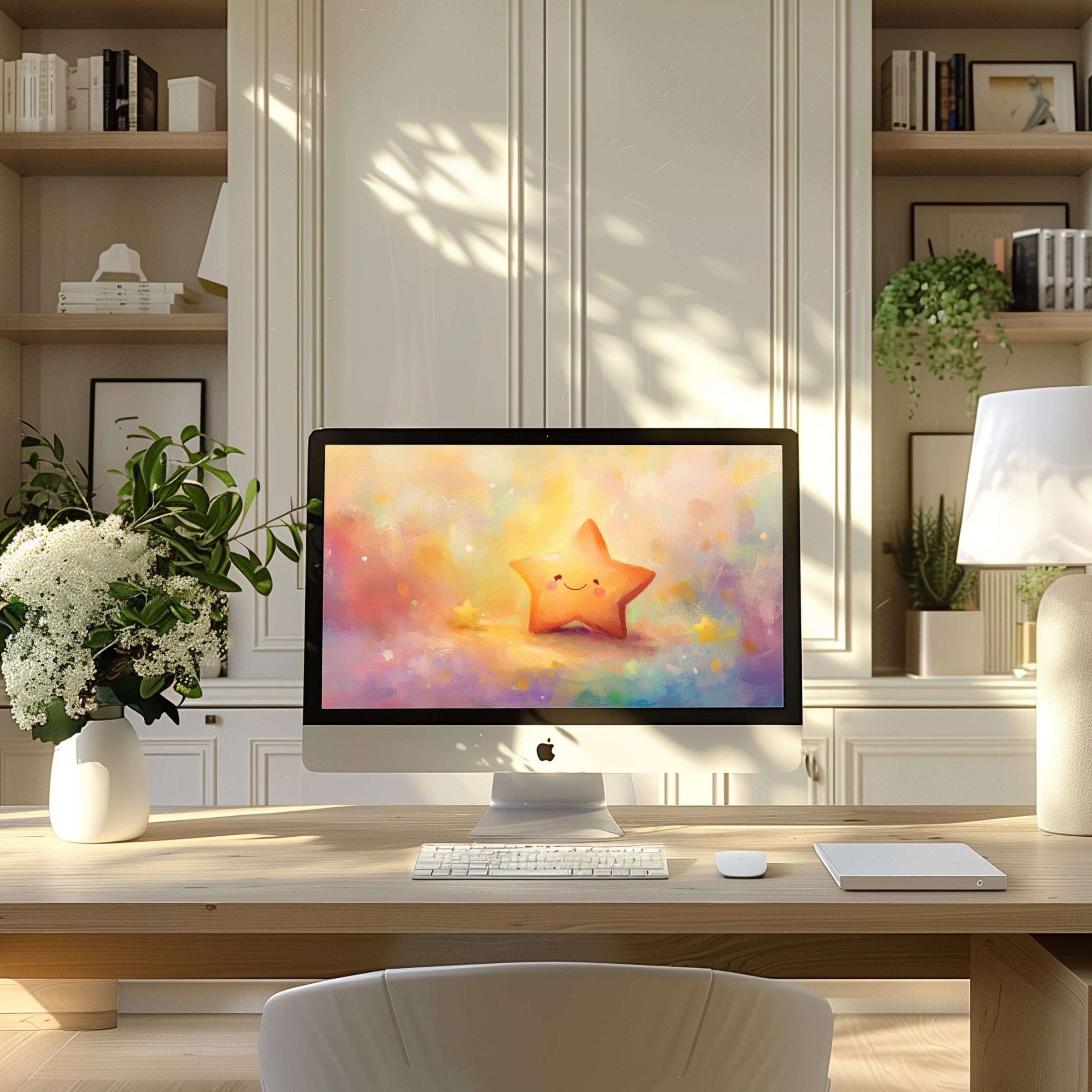 Colorful star motif digital art elevates modern home office ambiance calming and inspiring suitable wallpaper for computer PC laptop