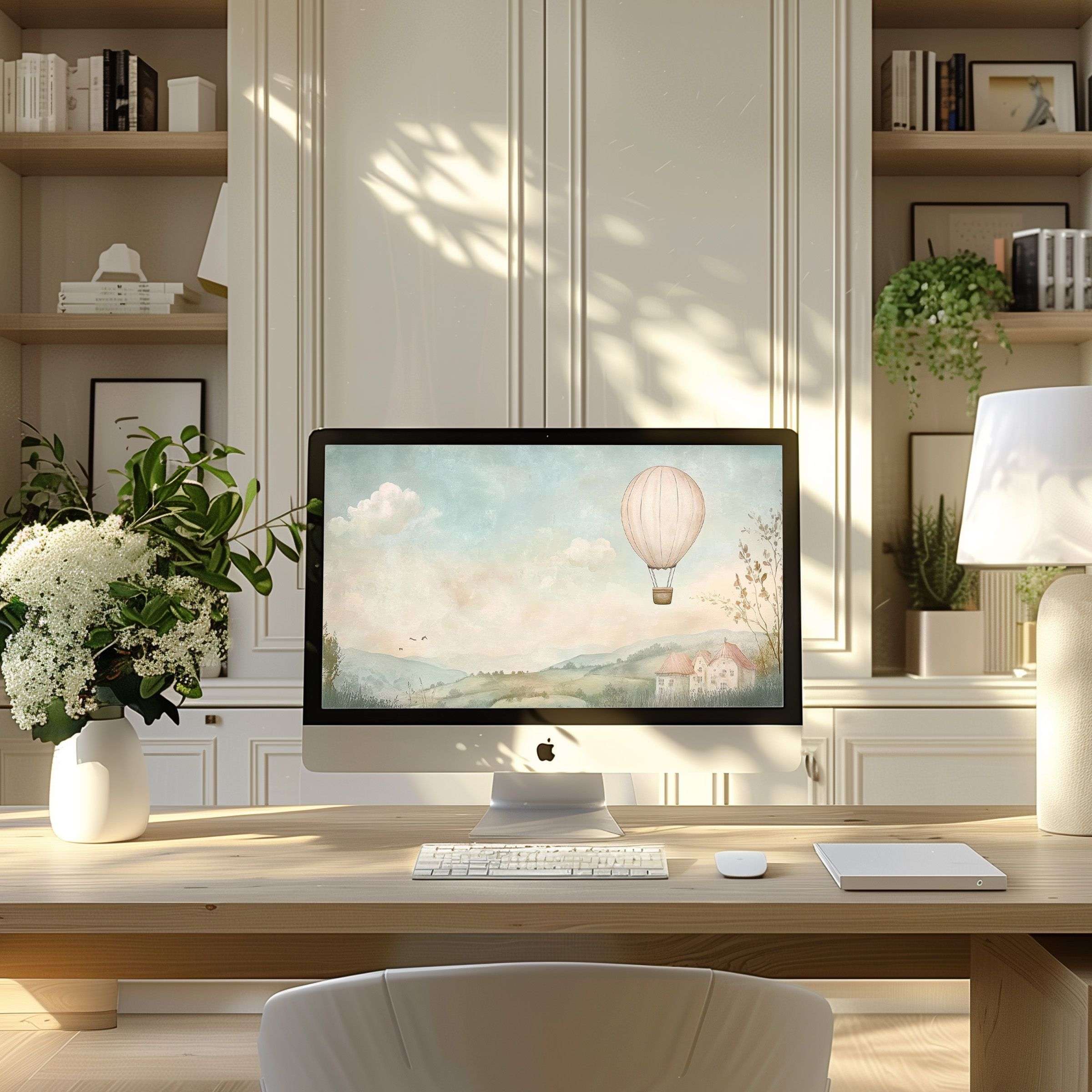 Elegant hot air balloon wallpaper for computer evokes calm inspiration, perfect for PC and laptop in a modern home office