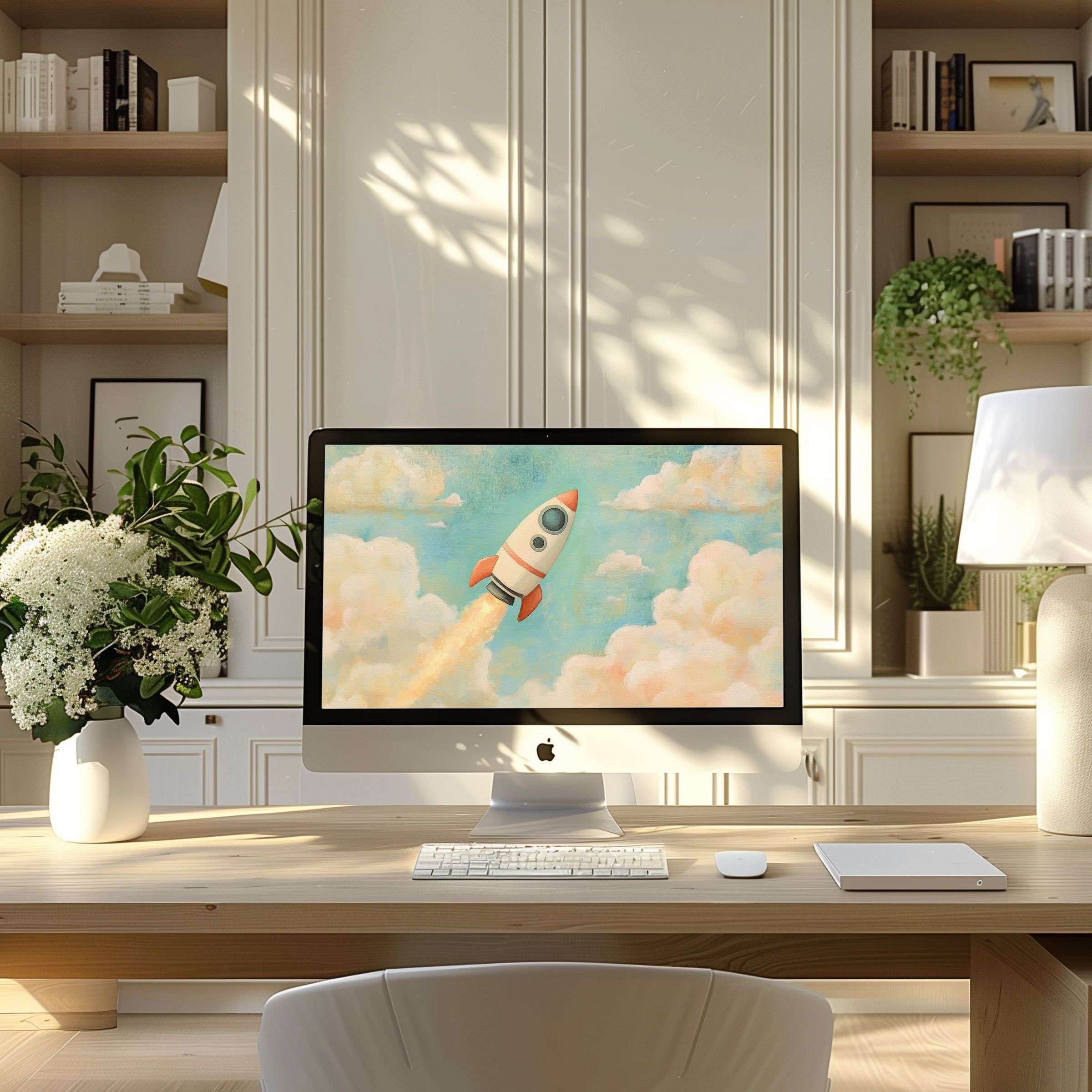 Elegant digital art with a dreamy rocket motif, perfect wallpaper for computer, PC or laptop, inspiring calm in modern home office