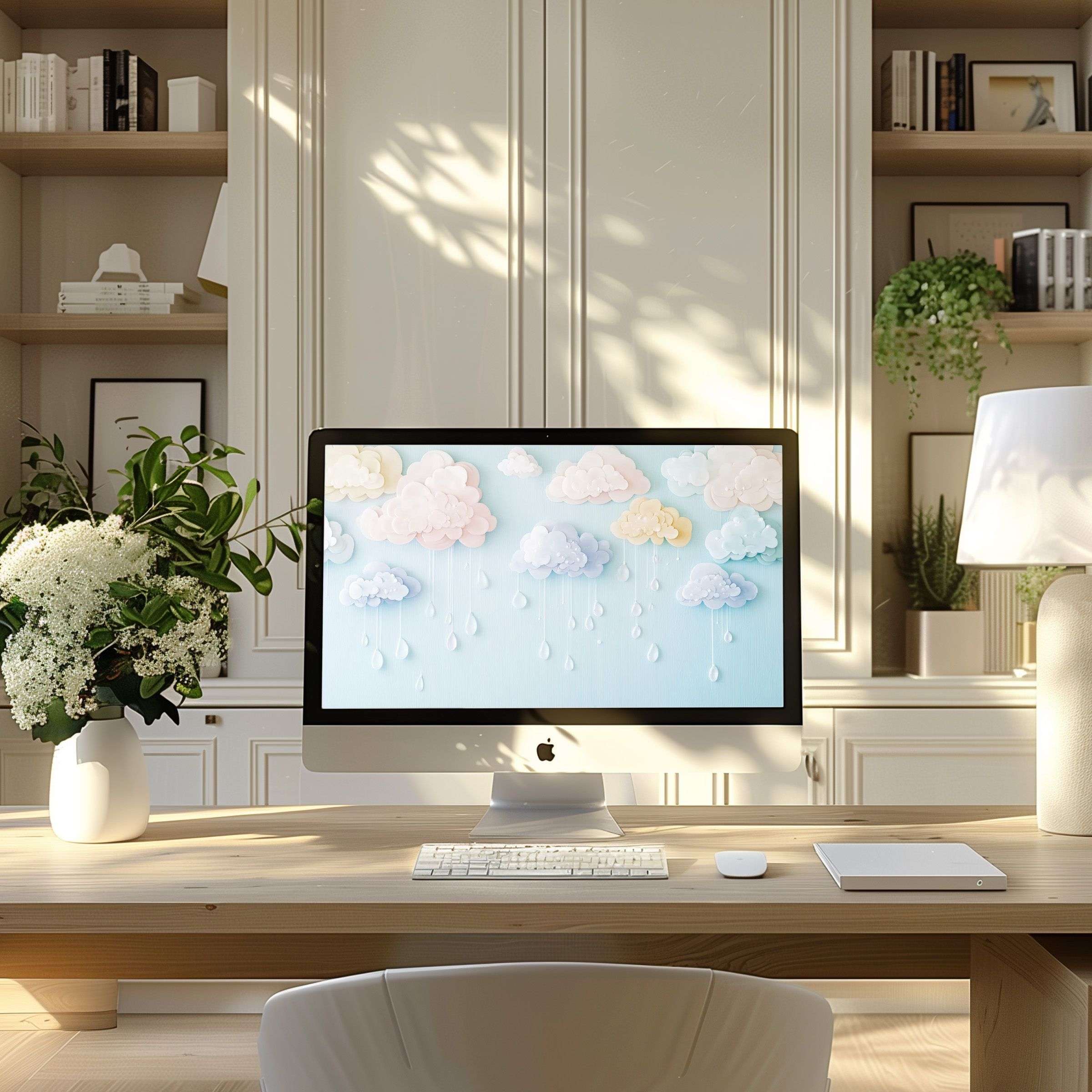 Elegant cloud art wallpaper for computer in serene home office inspires calm, fits PC, laptop, ultrawide digital download