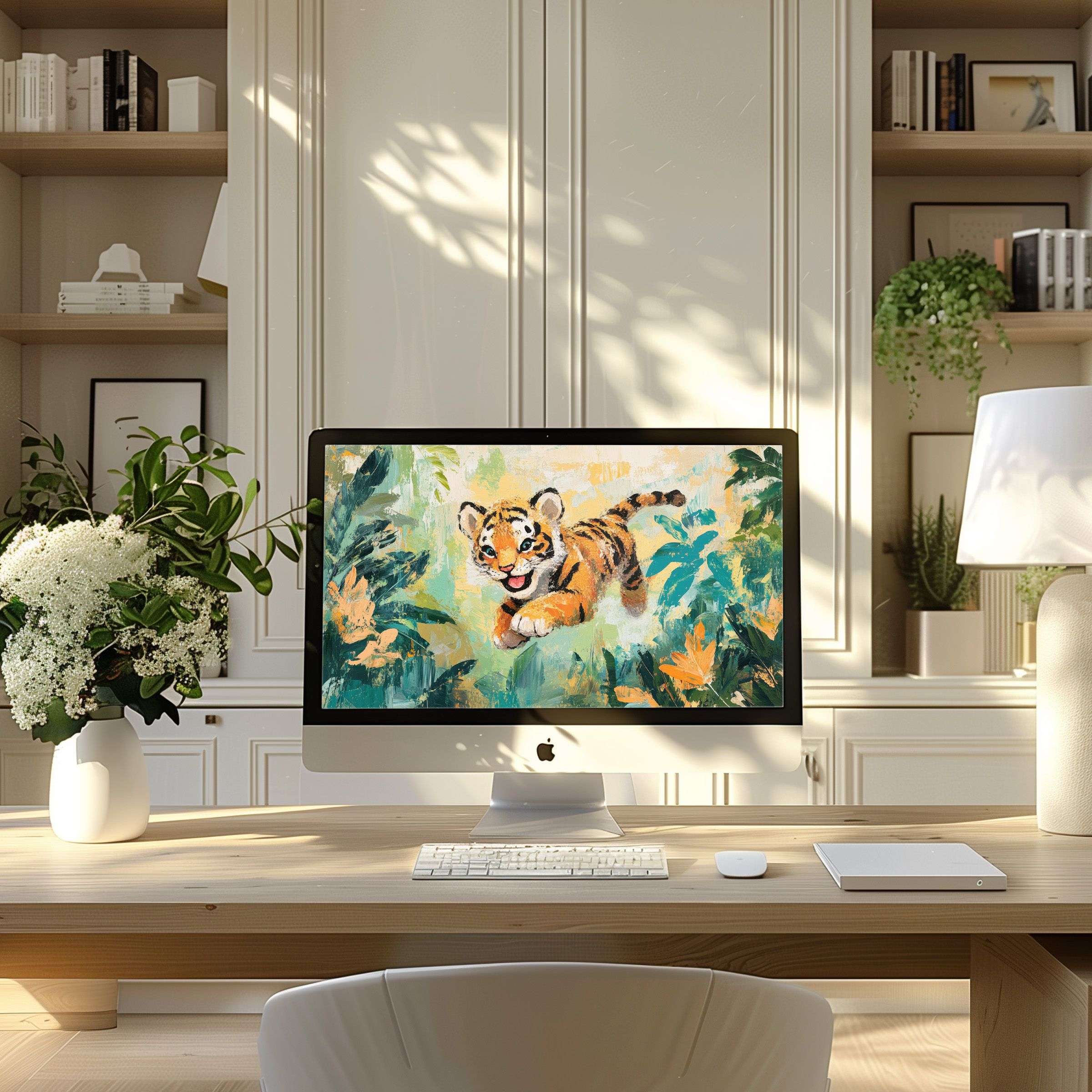 Elegant digital art of a playful tiger cub brings joy and calm as a wallpaper for computer PC laptop in a serene home office