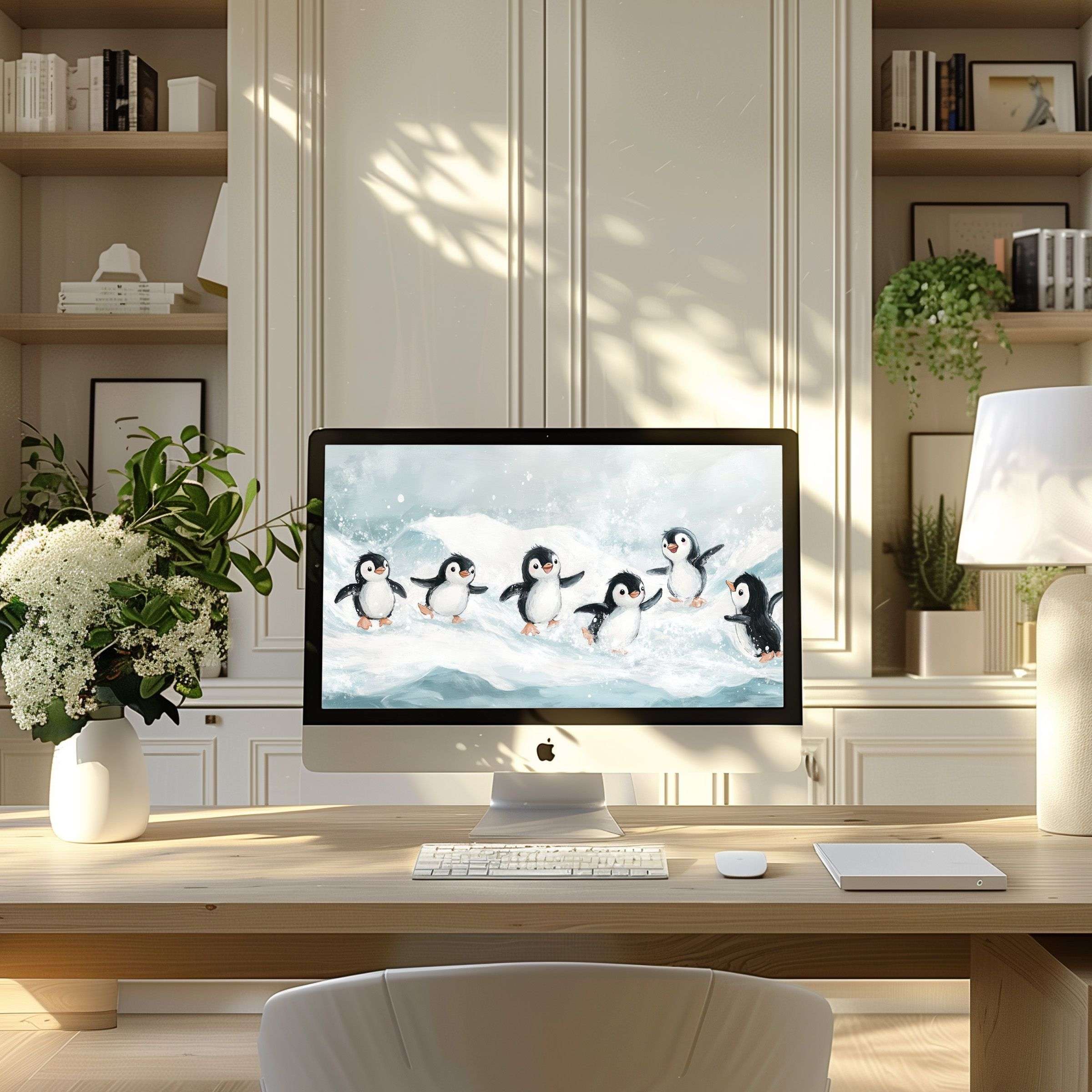 Penguin artwork wallpaper for computer creates serene elegance in modern home office suitable for PC and laptop digital use