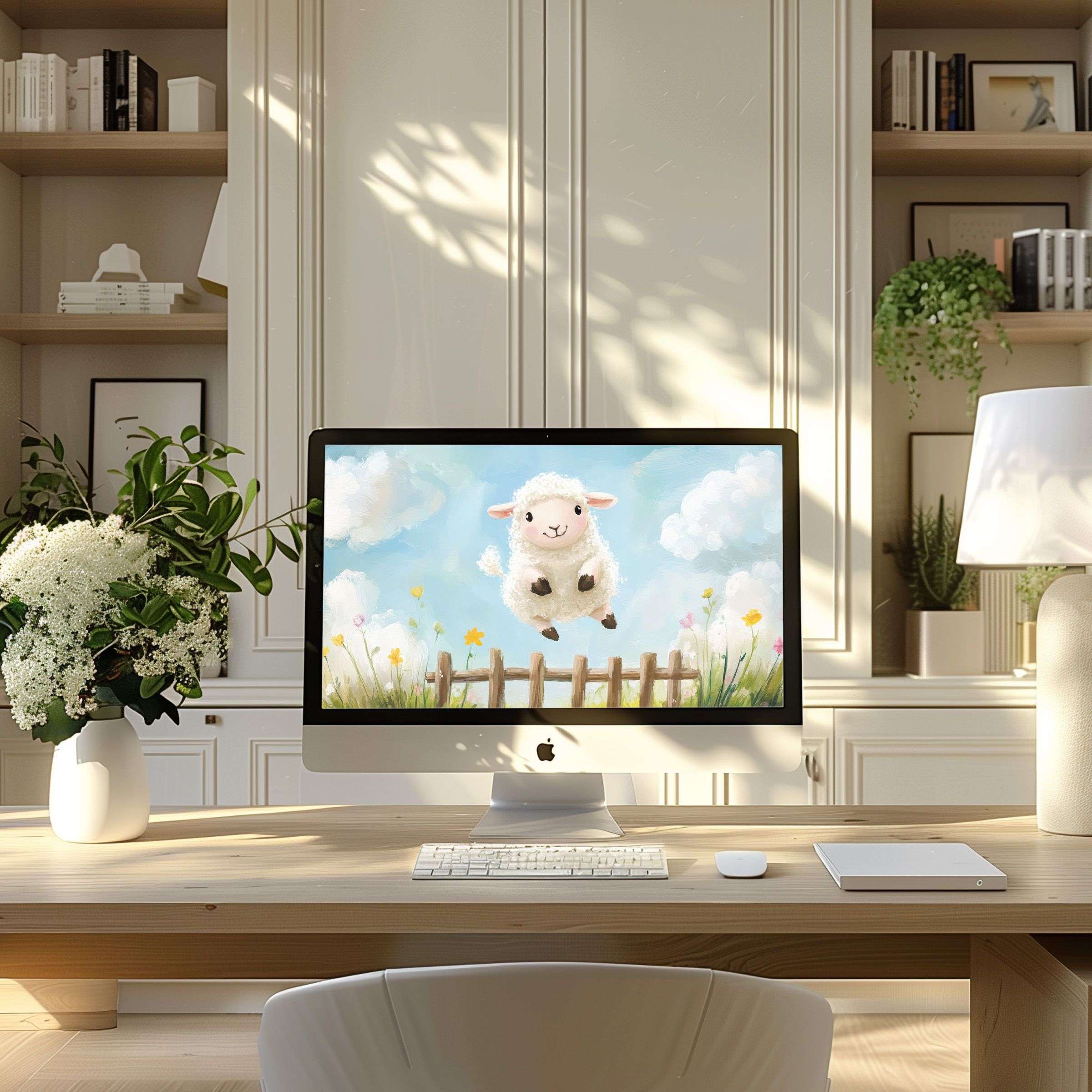 Inspire tranquility with this whimsical lamb wallpaper for computer, ideal for PC and laptop, perfect for a modern home office setting
