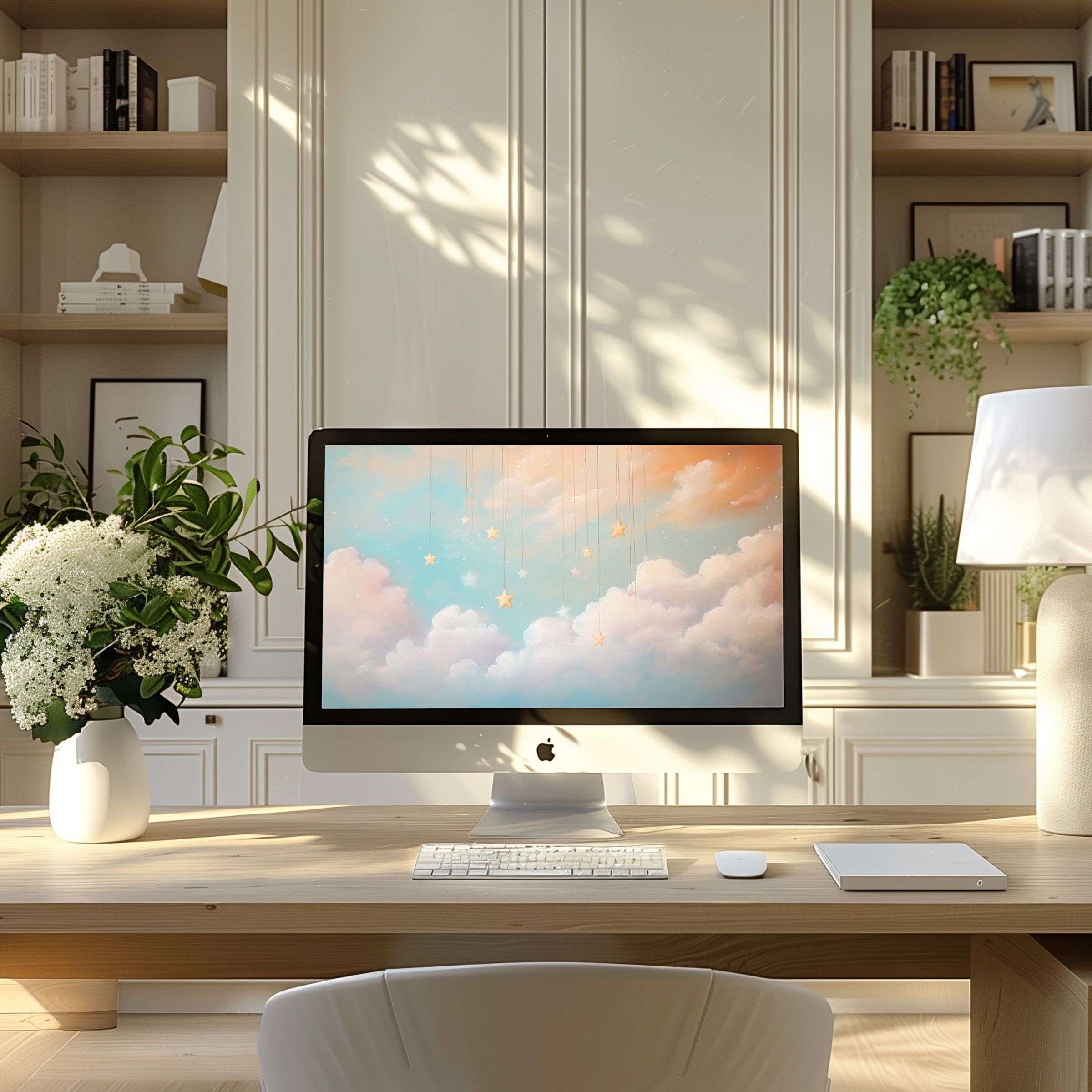Elegant cloud and star motif wallpaper for computer in modern home office inspires calm, fits PC, laptop, ultrawide screens