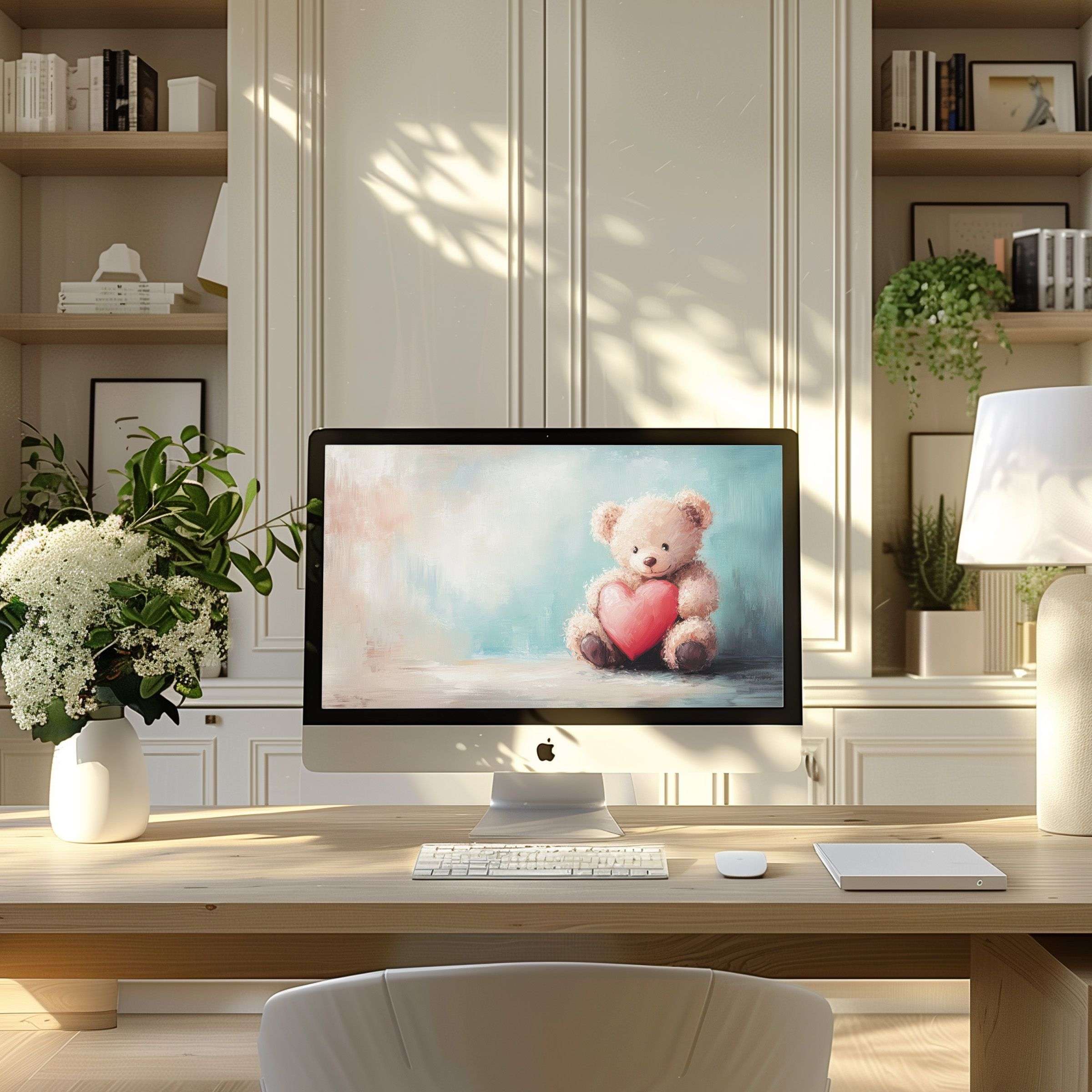 Elegant teddy bear painting adds calm and inspiration to modern home office, perfect as wallpaper for computer, PC, and laptop download