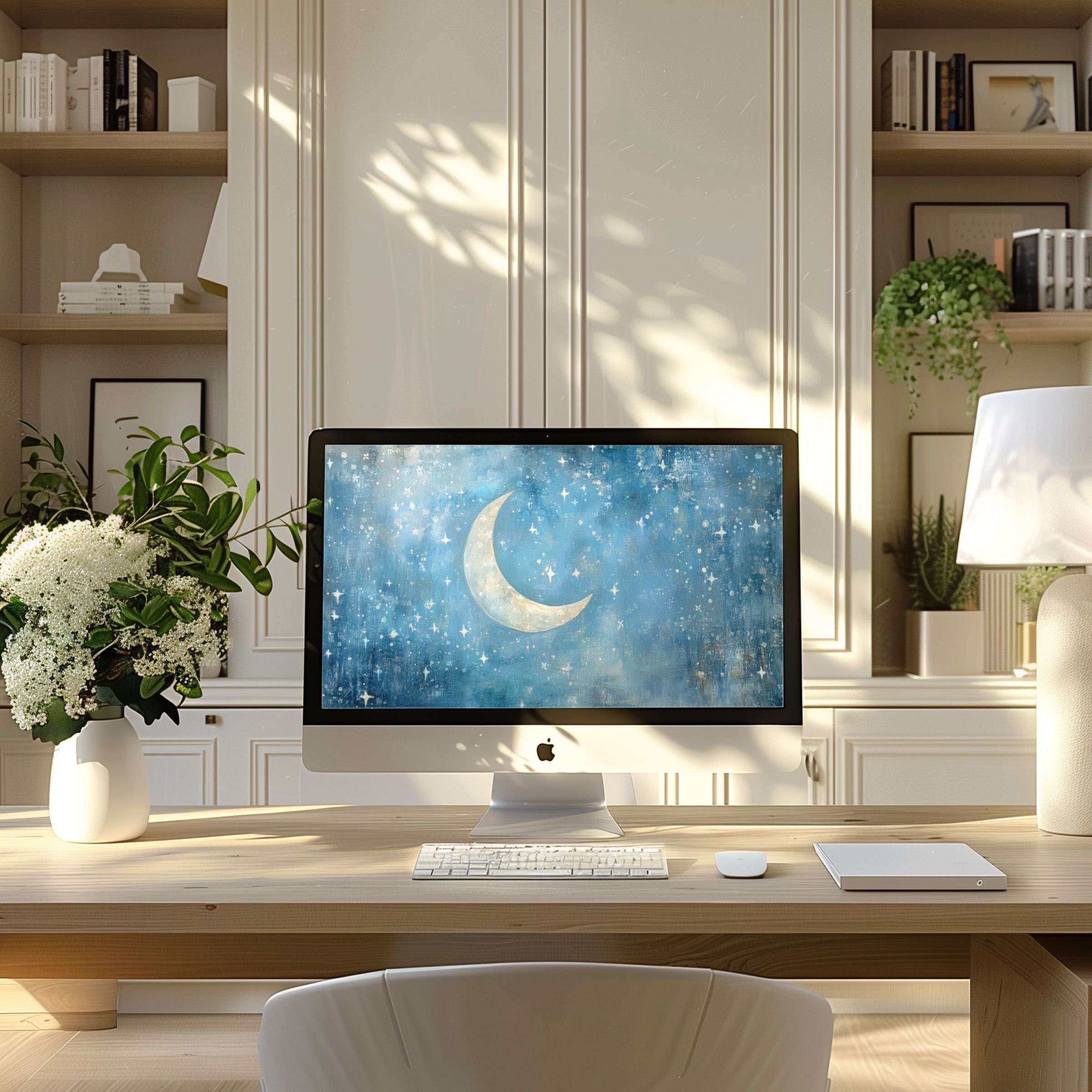 Elegant crescent moon on starry blue wallpaper for computer bringing calm inspiration to a modern PC or laptop in a serene office