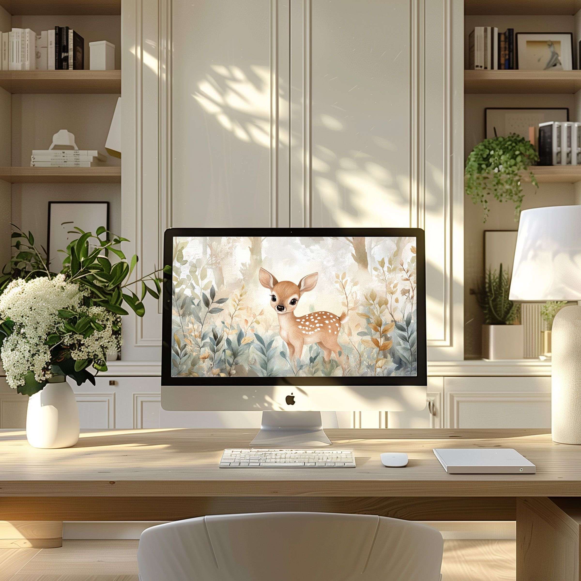 Elegant digital art featuring a serene deer motif, perfect wallpaper for computer, PC, or laptop in modern home office setting