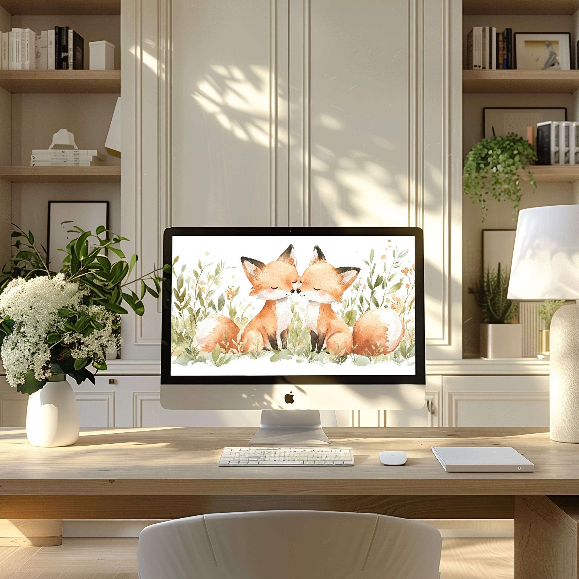 Charming fox art wallpaper for computer enhances any modern home office on PC or laptop bringing elegance and inspiration