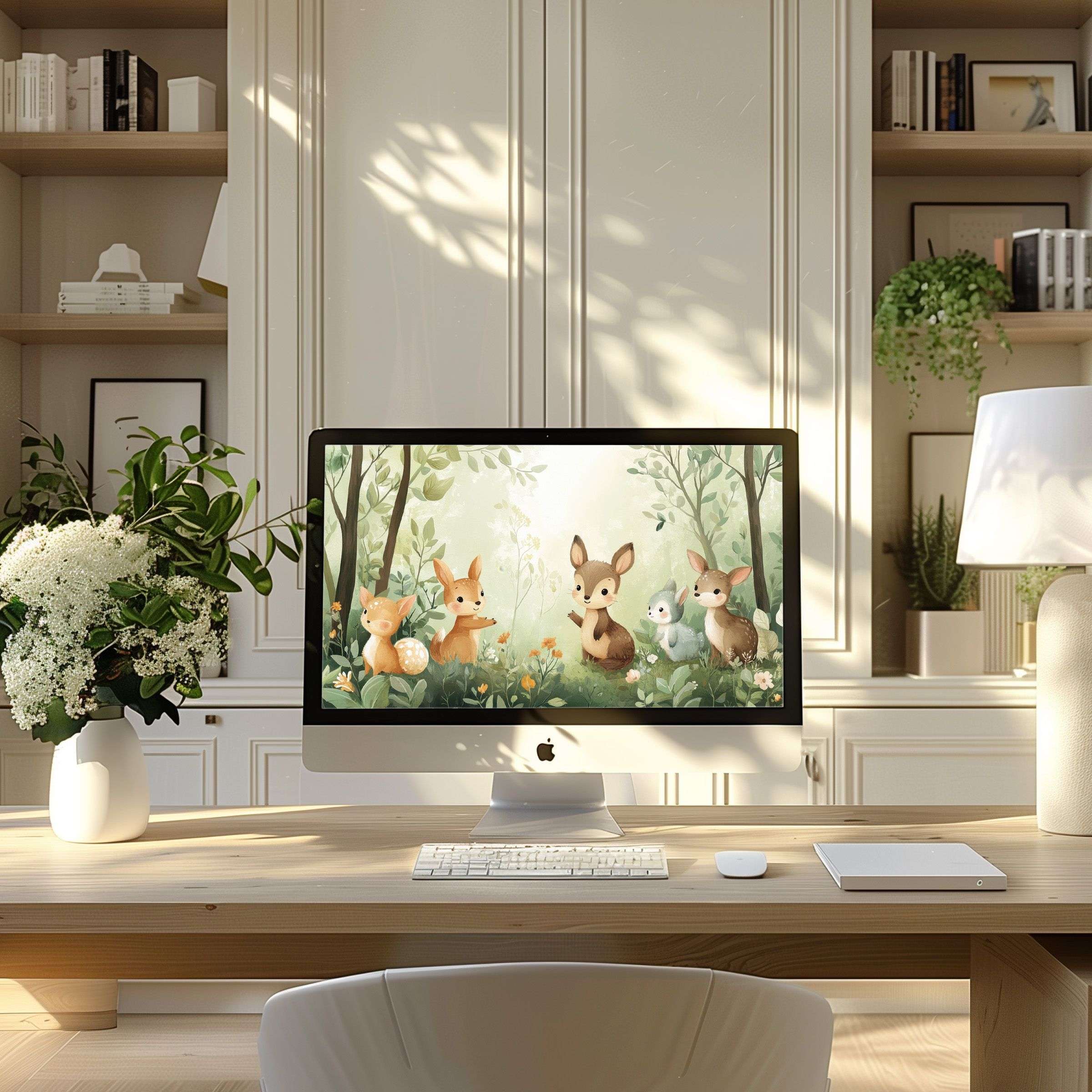 Elegant forest animal motif wallpaper for computer providing calm and inspiration for modern home office PC or laptop use