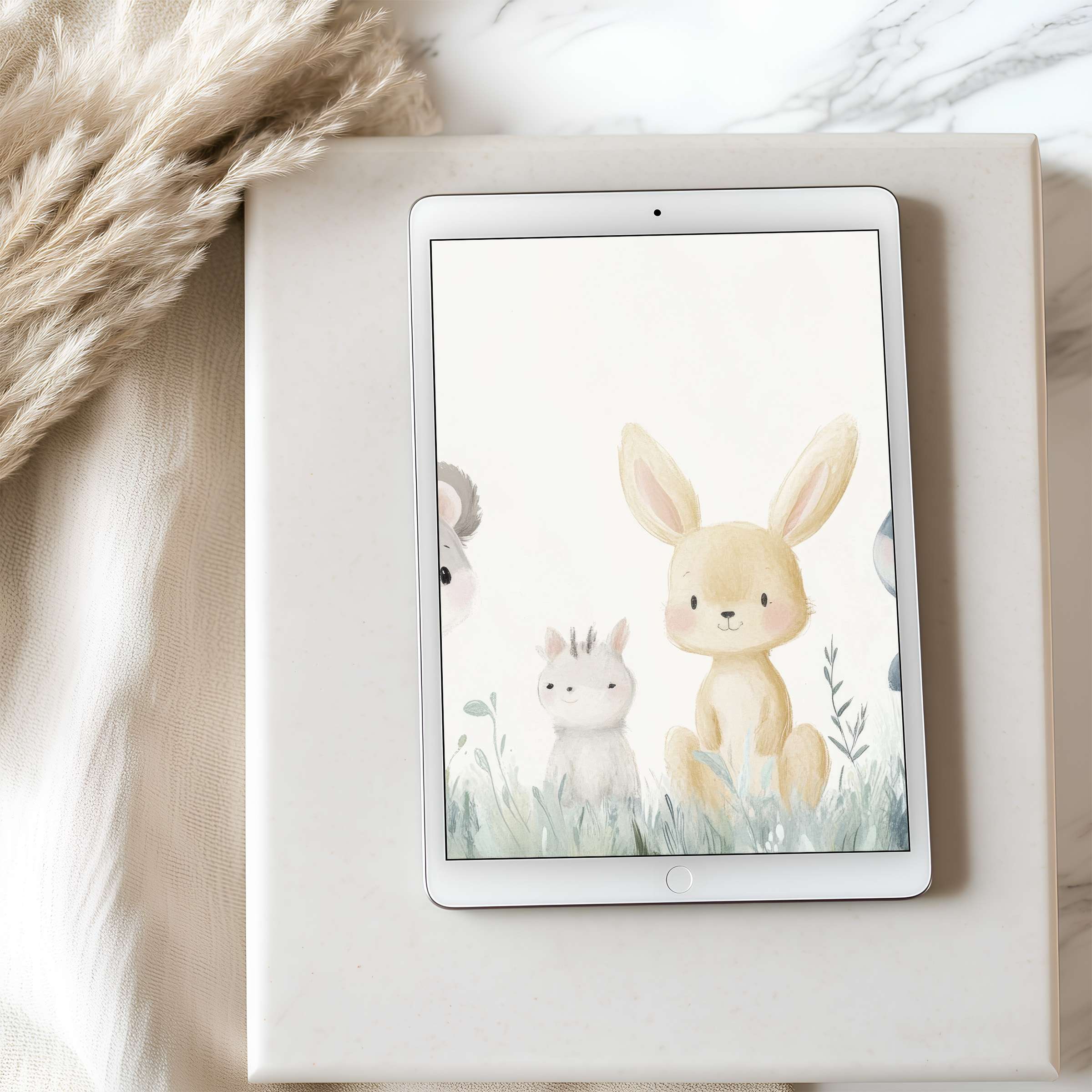 Charming animal-themed tablet wallpaper in soothing pastels, perfect for iPad and Android tablets, offering soft elegance and digital convenience