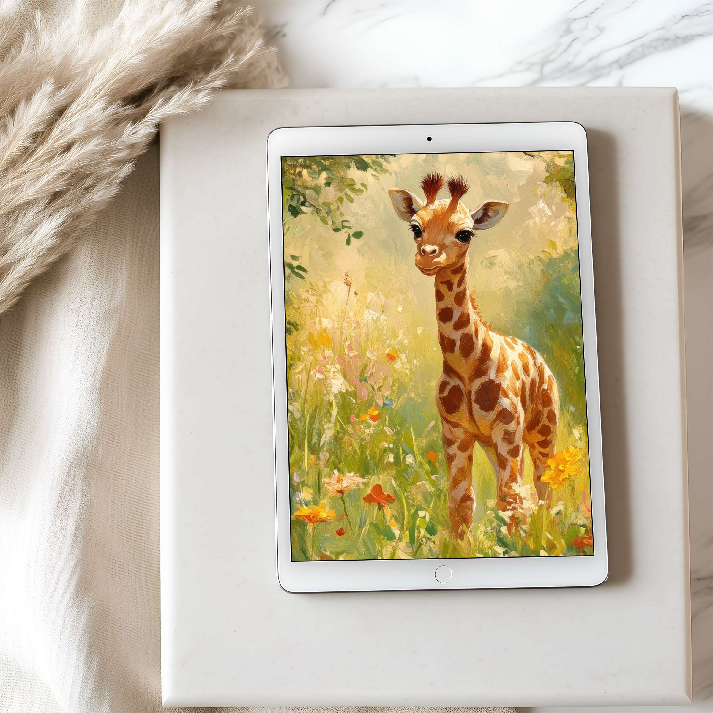 Elegant tablet wallpaper featuring a charming giraffe in a serene meadow, perfect for high-resolution iPad download, enhancing calm spaces