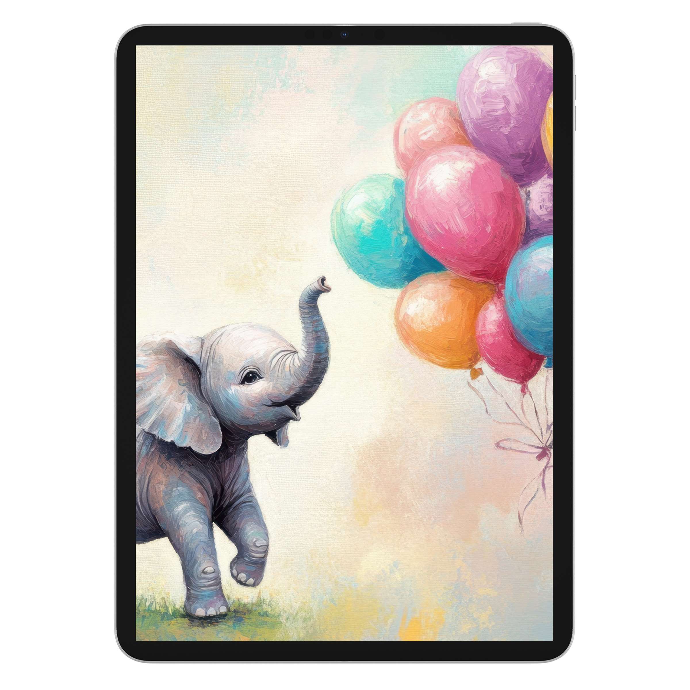 Charming elephant with colorful balloons in a nursery iPad wallpaper digital download offering a serene tablet background for calm spaces