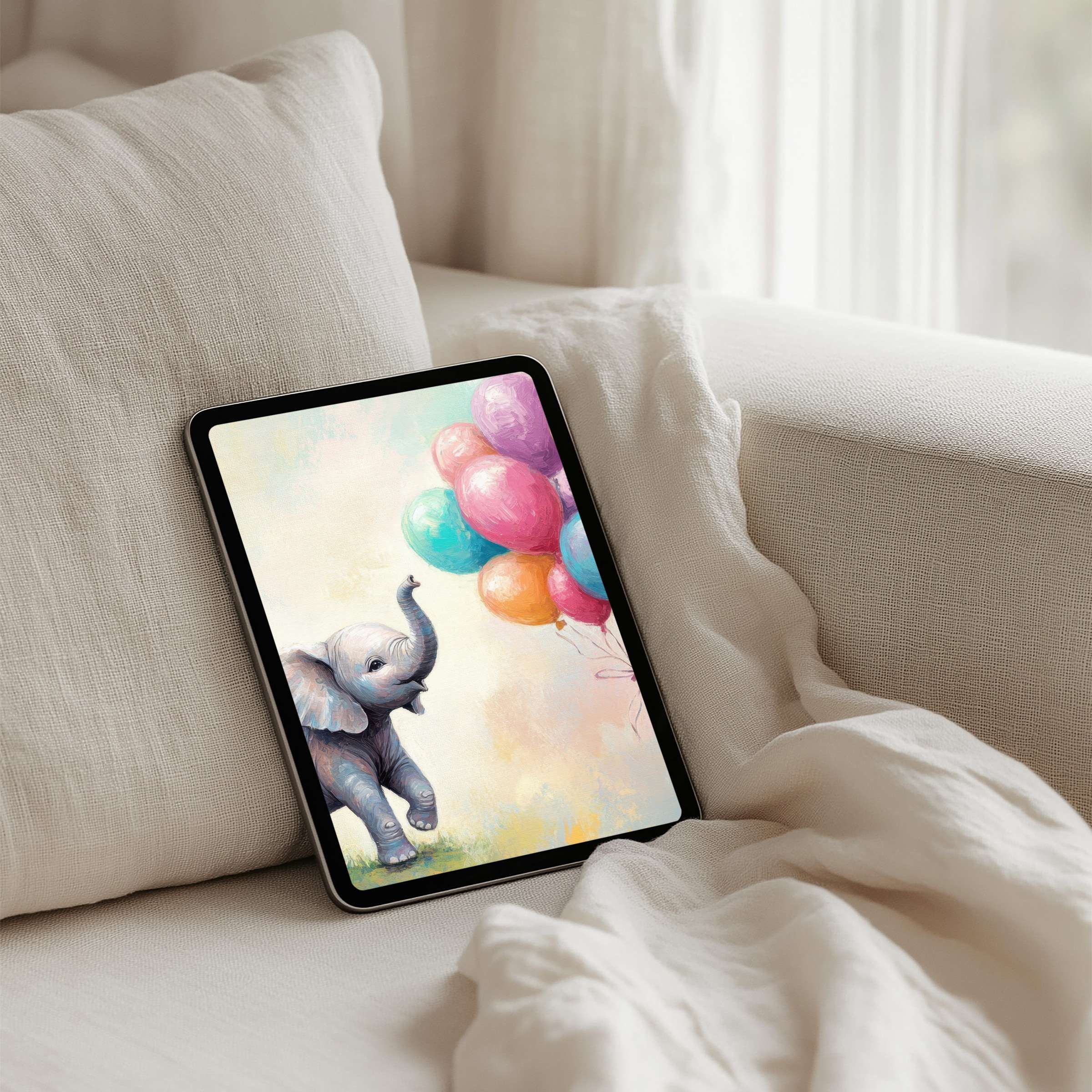 Charming elephant with colorful balloons on an iPad background offers calm elegance and inspiration for instant download to your tablet